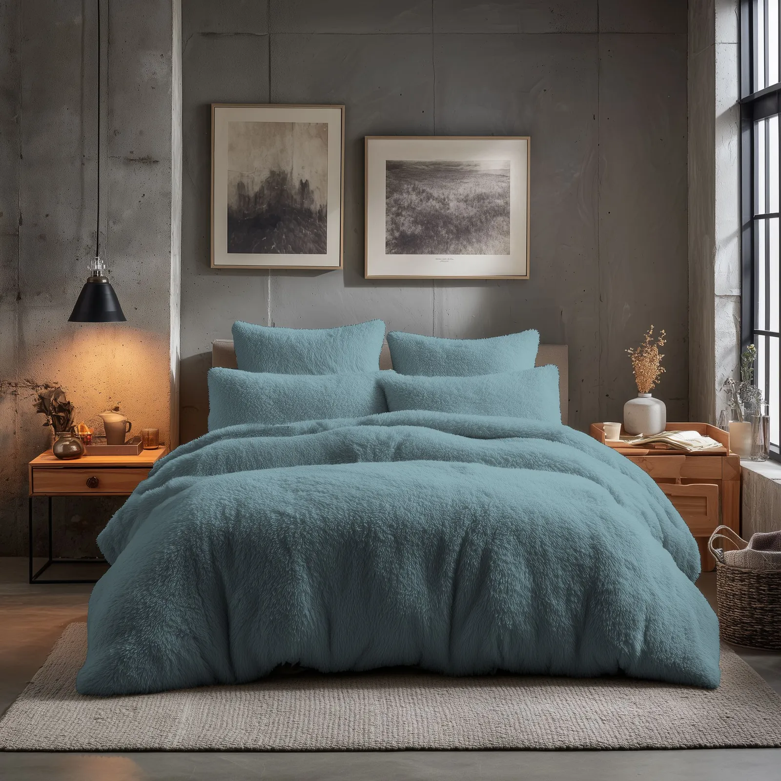 Snug City Teddy Bear Fleece Soft Cosy Duvet Cover + Pillow Case Set in Blue