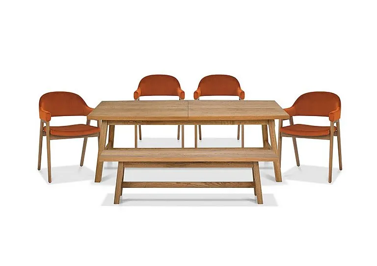 Stratford Large Extending Dining Table with Small Bench and 4 Fabric Dining Arm Chairs