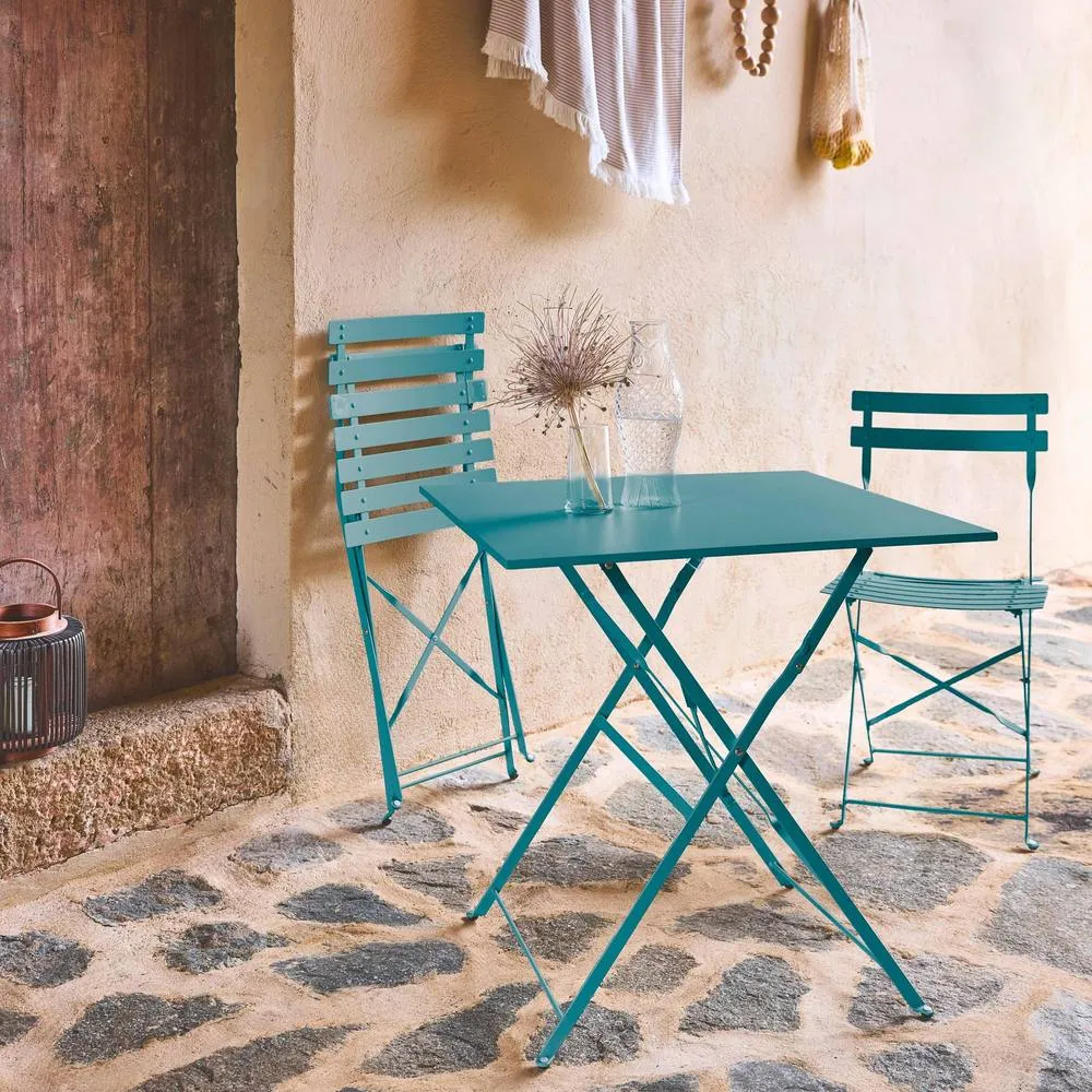 sweeek Square 2-seater folding metal bistro garden table with 2 chairs in Teal 4