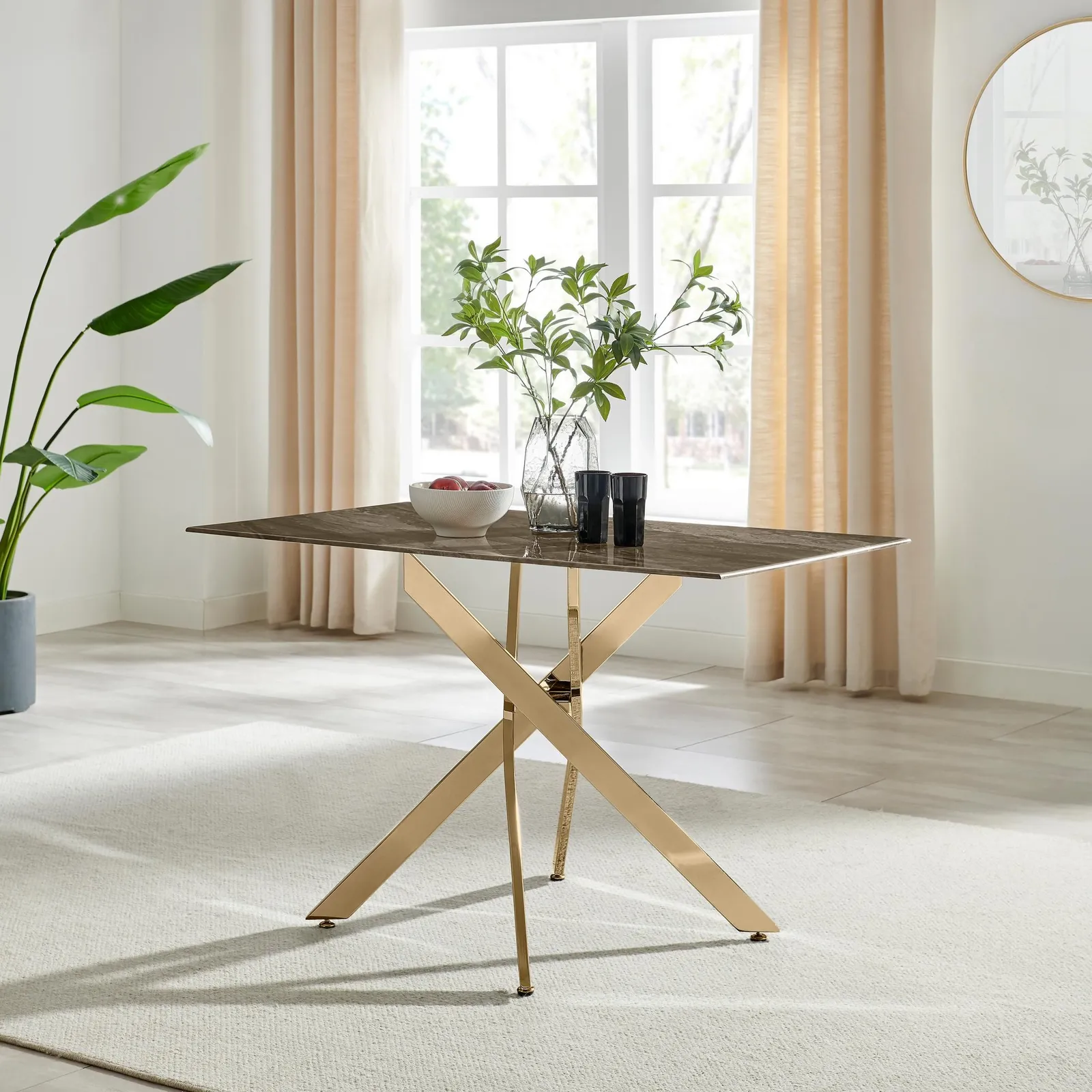 FurnitureboxUK Leonardo 4-Seater Dining Table With Marble Effect Glass Top & Gold Metal Legs in Dark Brown 2