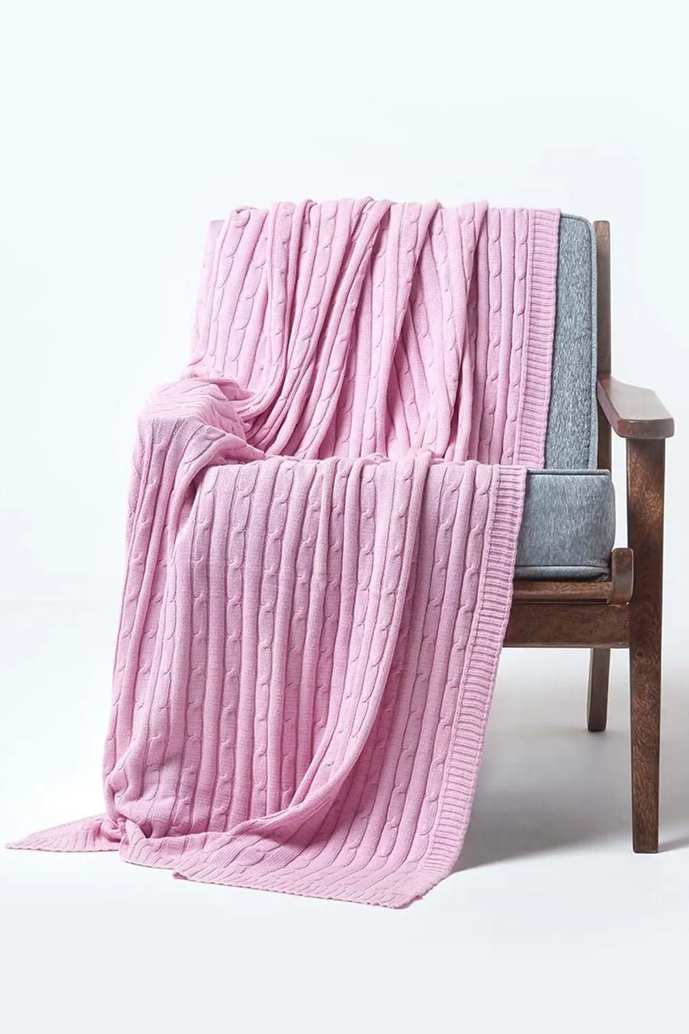 Homescapes Cotton Cable Knit Throw Soft & Cosy Vintage Blanket in Pink