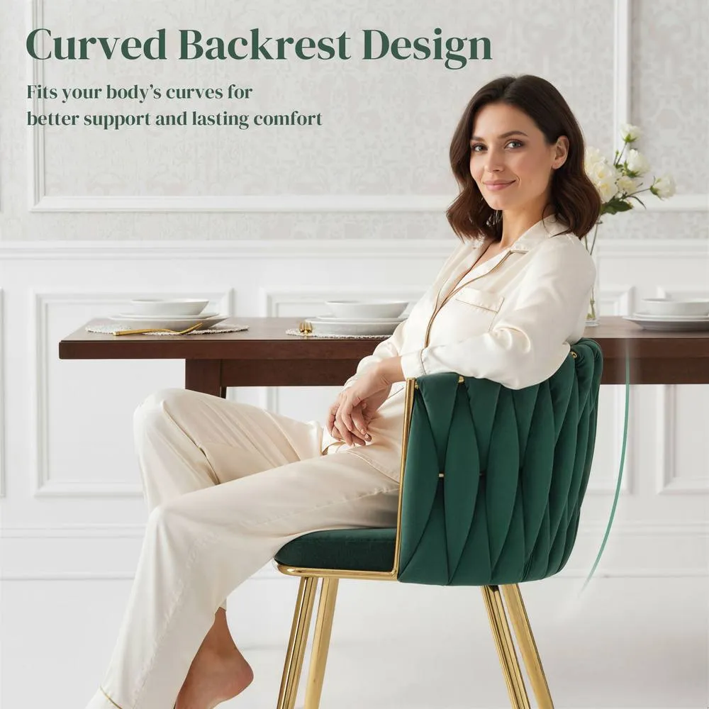 HOMCOM Upholstered Kitchen Chairs Set of 2 with Woven Backrest in Dark Green 6