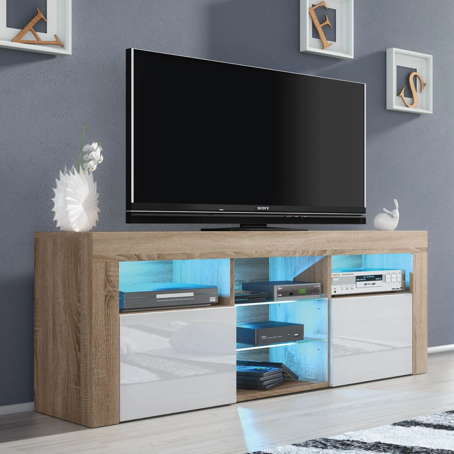 Creative Furniture Pulse TV Unit 145cm - A Stylish & Practical Cabinet with Gloss Doors & LED Lights in Light Oak 1