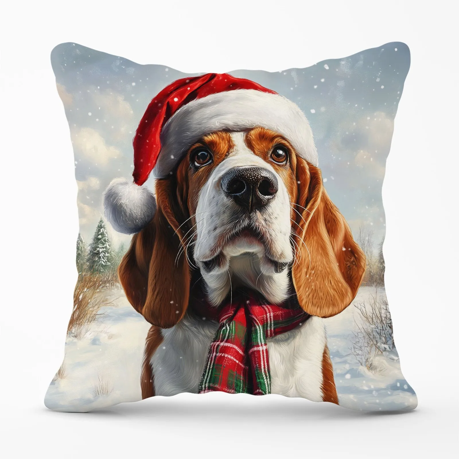Warren Reed - Designer Snowy Christmas Bassett Hound Cushion in Brown