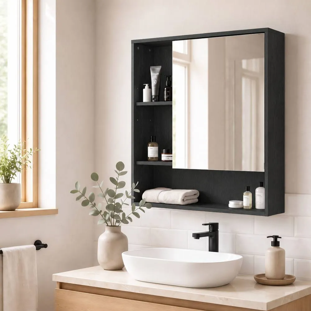 HOMCOM Bathroom Mirror Cabinet, Wall-Mounted, Adjustable Shelves in Black 2