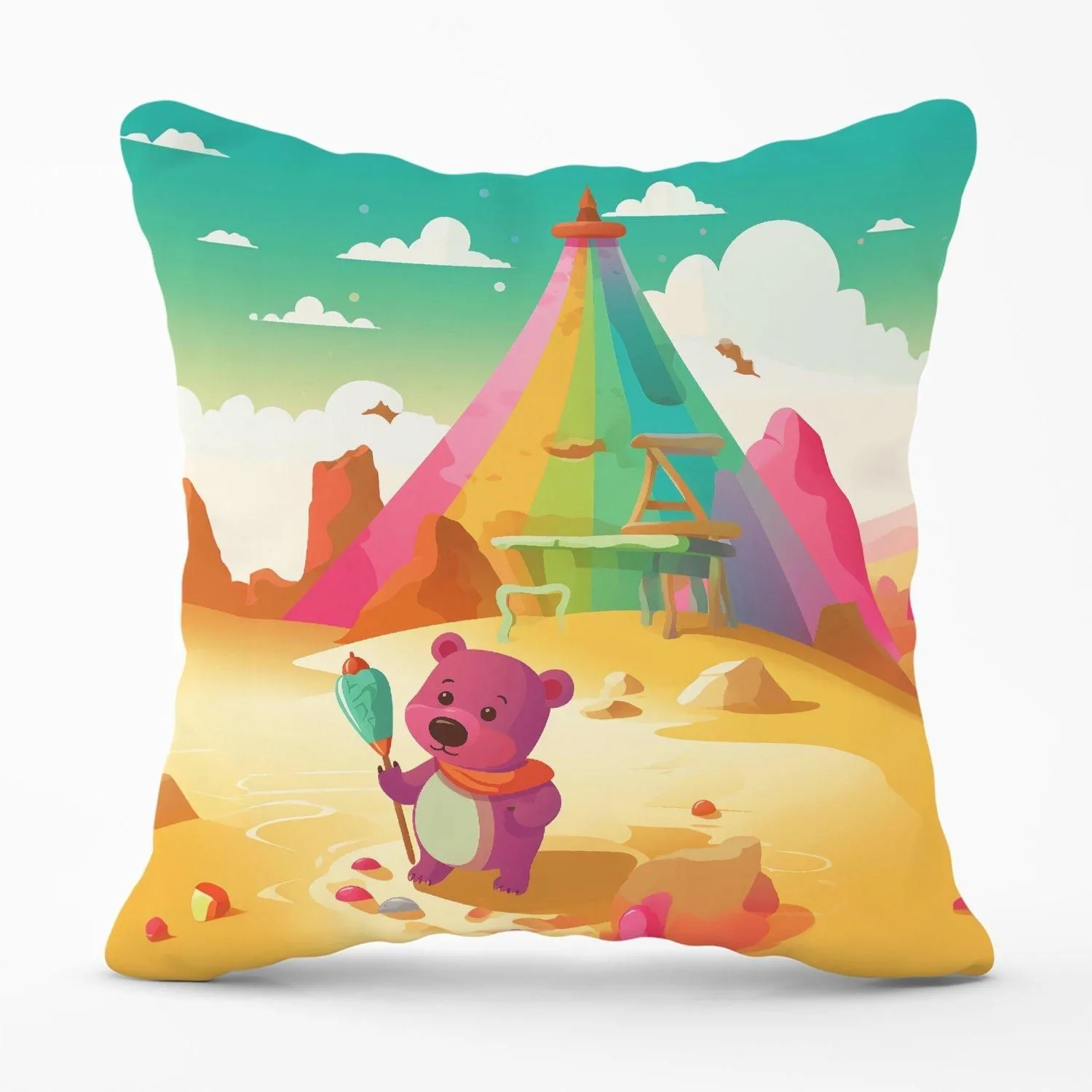 Warren Reed - Designer Purple Bear On A Beach Holiday Outdoor Cushion in Yellow