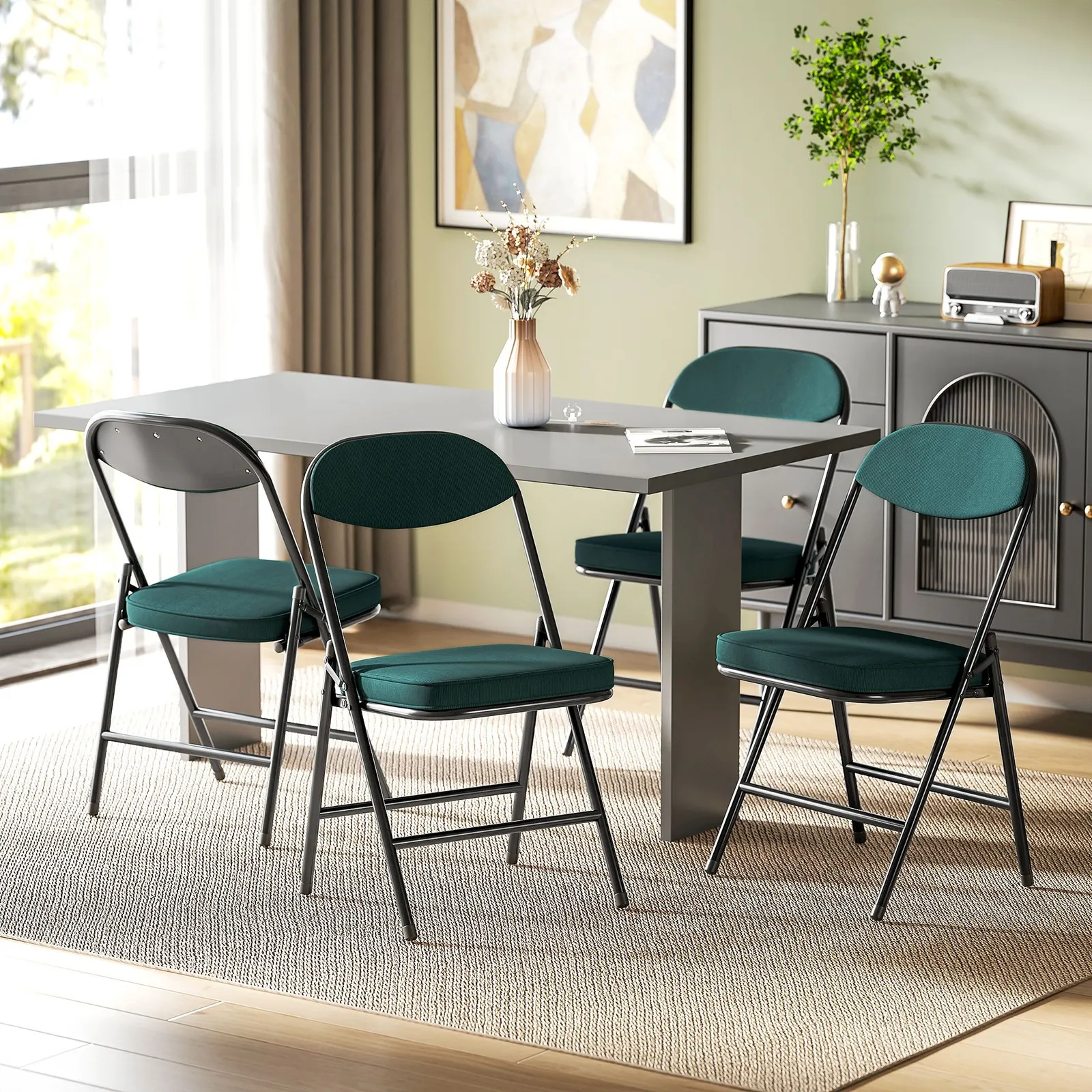 HOMCOM Folding Chairs Set of 4 with Cushioned Seat, Steel Frame in Teal