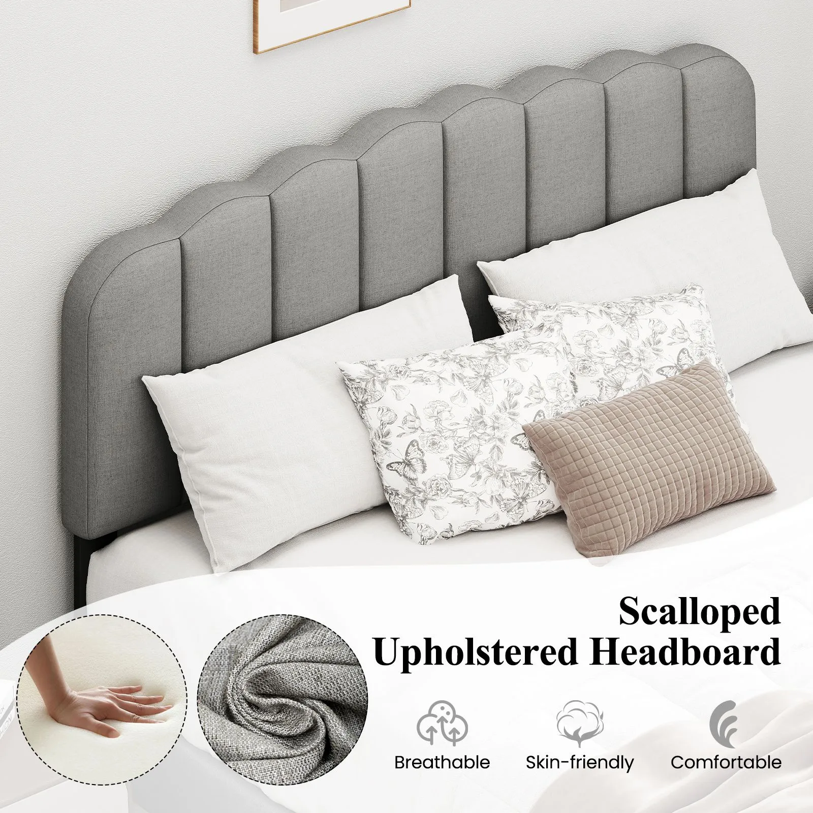Costway Double Size Bed Frame Linen Upholstered Platform Bed in Grey 6