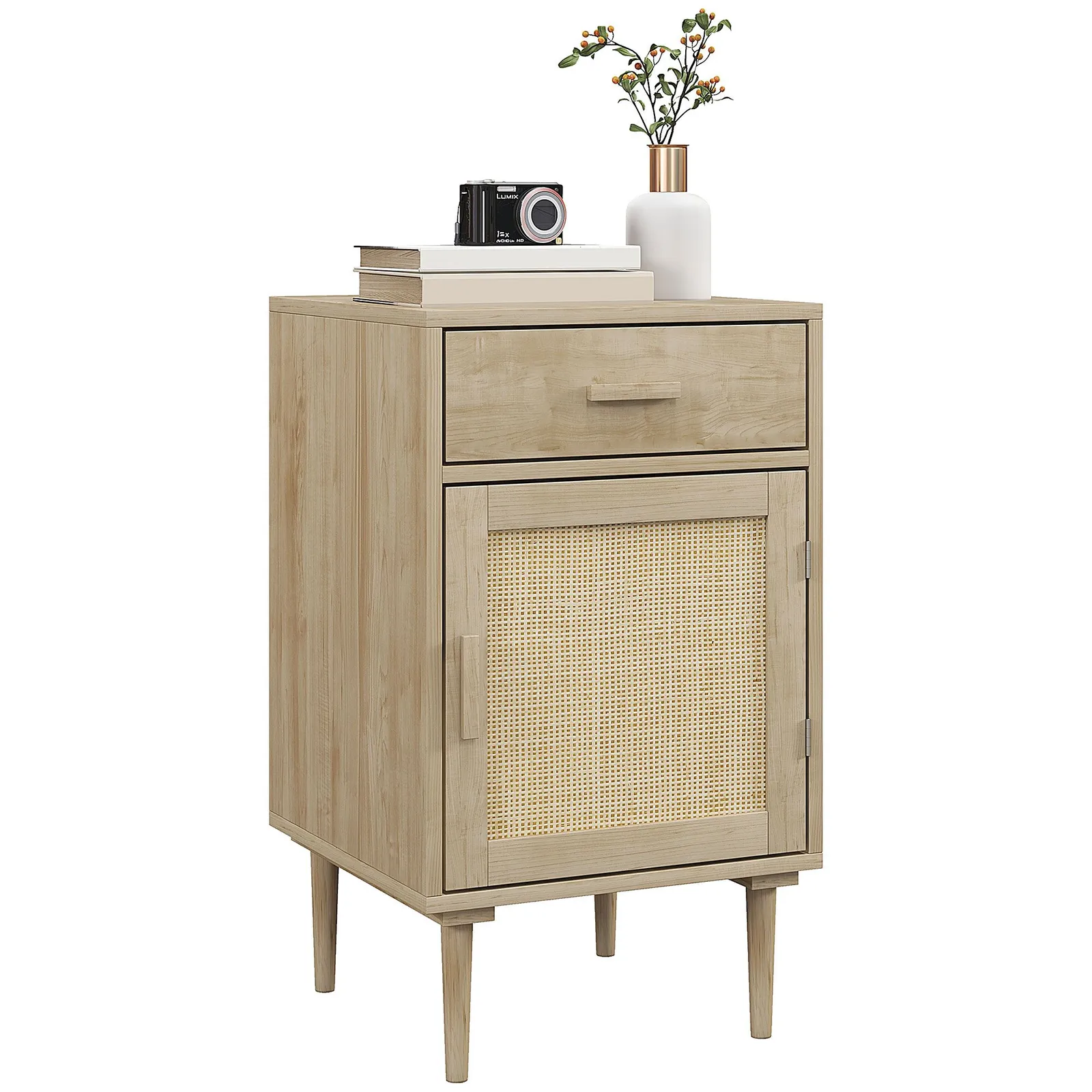 HOMCOM Bedside Table, Rattan Side Tables w/ Drawer, Cabinet & Adjustable Shelf, Boho Bedside Cabinet w/ Storage for Bedroom, Living Room, Natural 2
