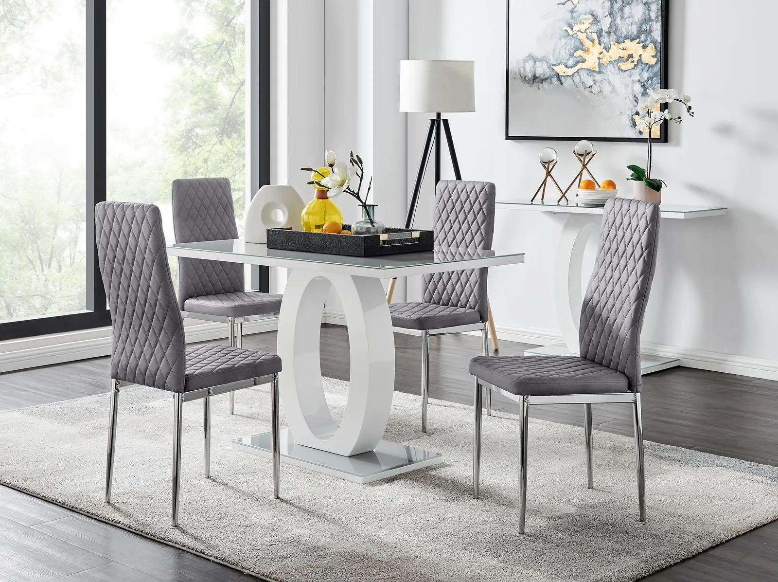 FurnitureboxUK Giovani 4 Grey Dining Table & 4 Velvet Milan Chairs 1