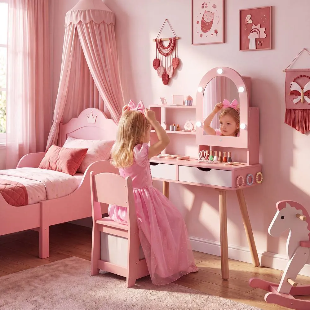 Costway 2-In-1 Princess Vanity Table & Chair Set with Mirror in Pink 3