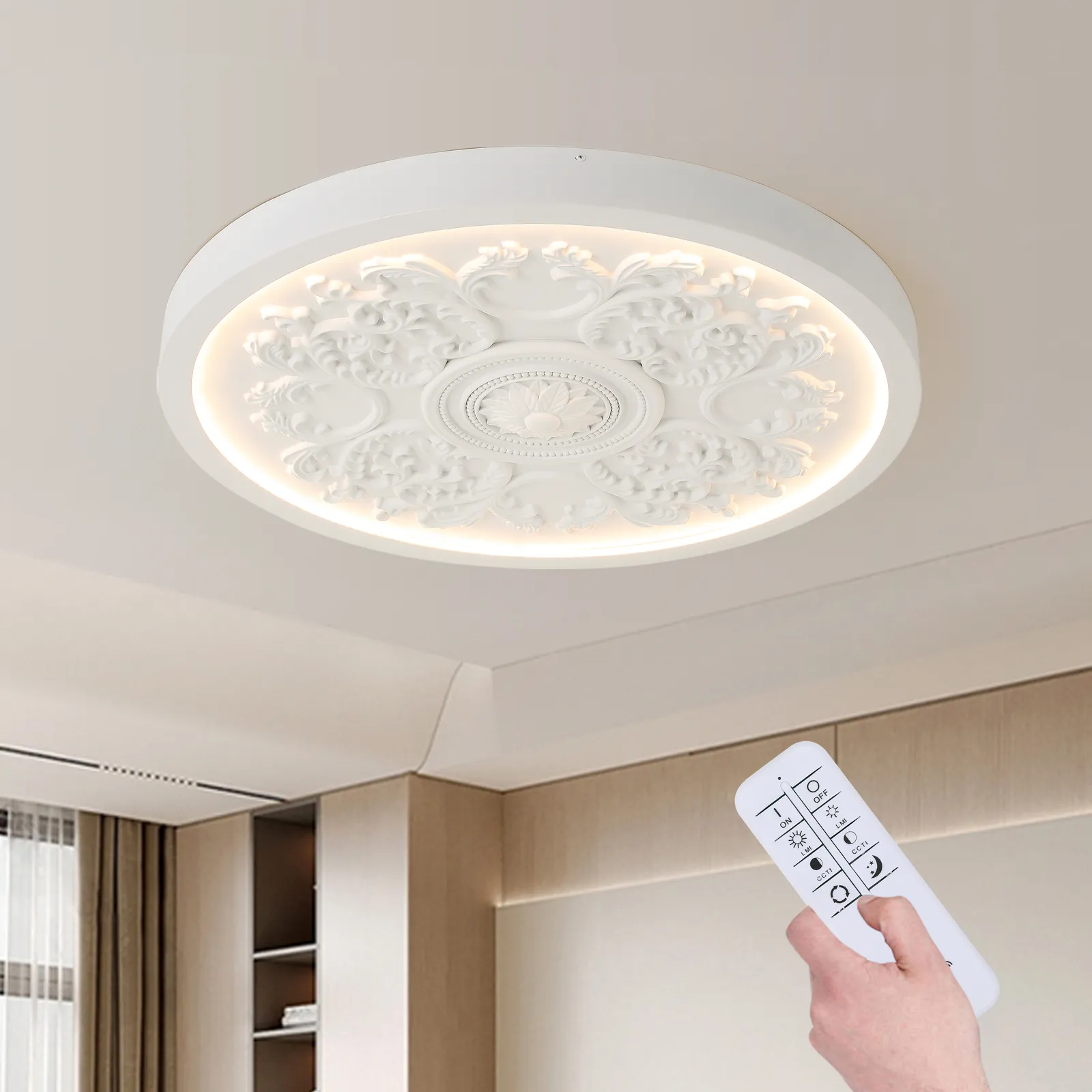 French Elegant White Resin 3D Carved LED 3-Mode Dimmable Flush Mount Ceiling Light