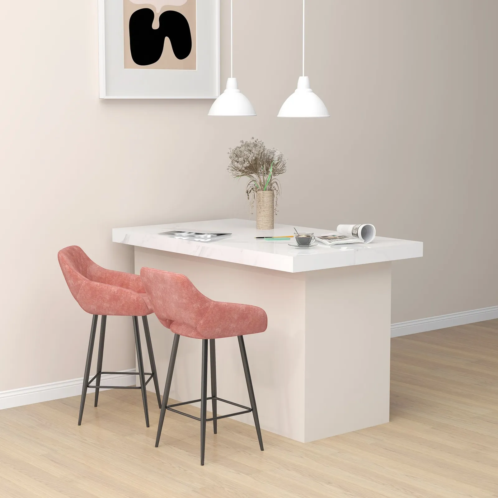 HOMCOM Stools Set of 2, Velvet-Touch Fabric Counter Height Bar Chairs in Pink 4