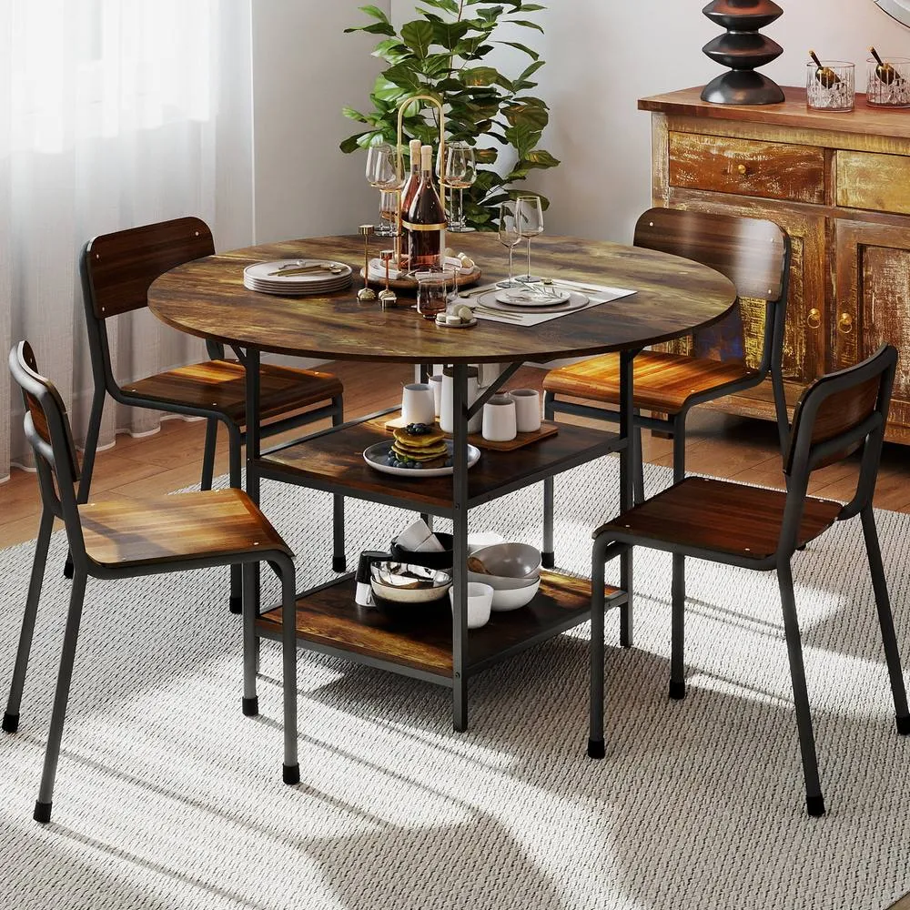 Costway 120 CM Round Dining Table Modern Kitchen Table w/ 2 Storage Shelf in Brown 4