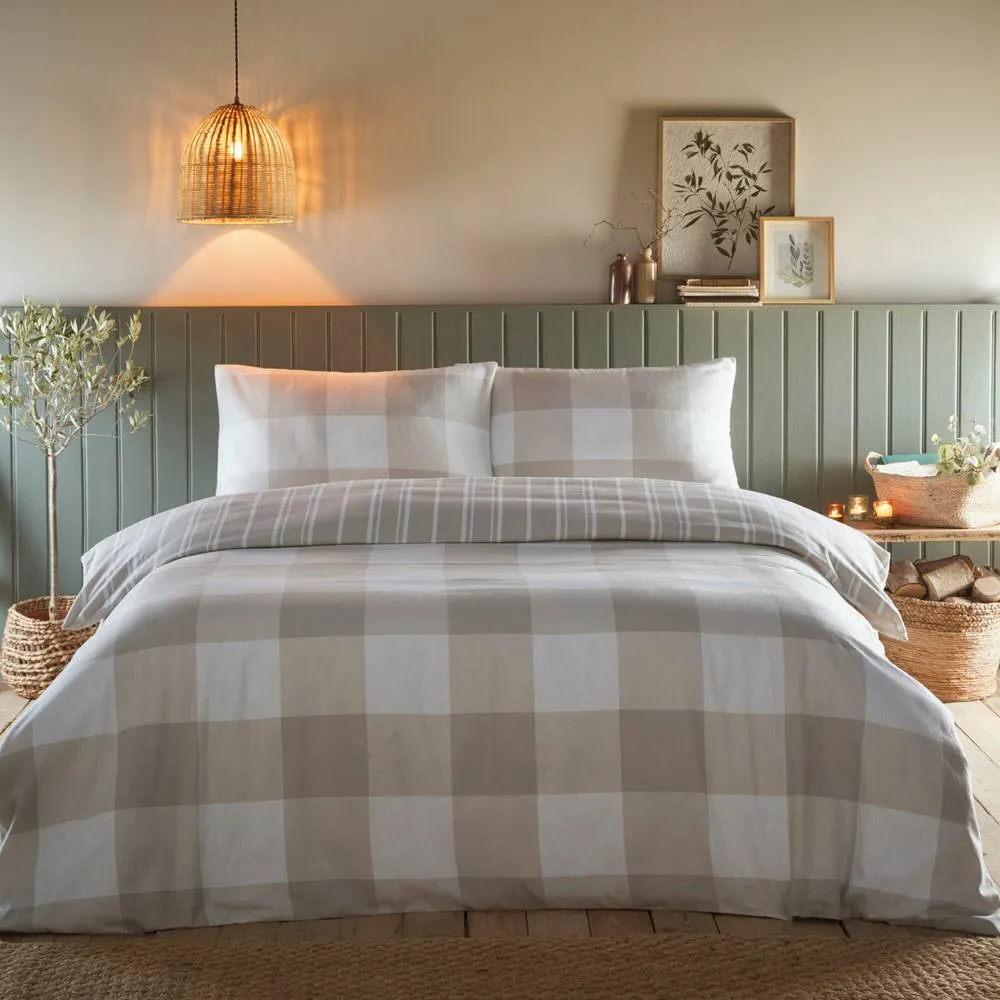 Portfolio Home Glenmore Check Brushed Cotton Striped Reversible Duvet Cover Set in Natural 1