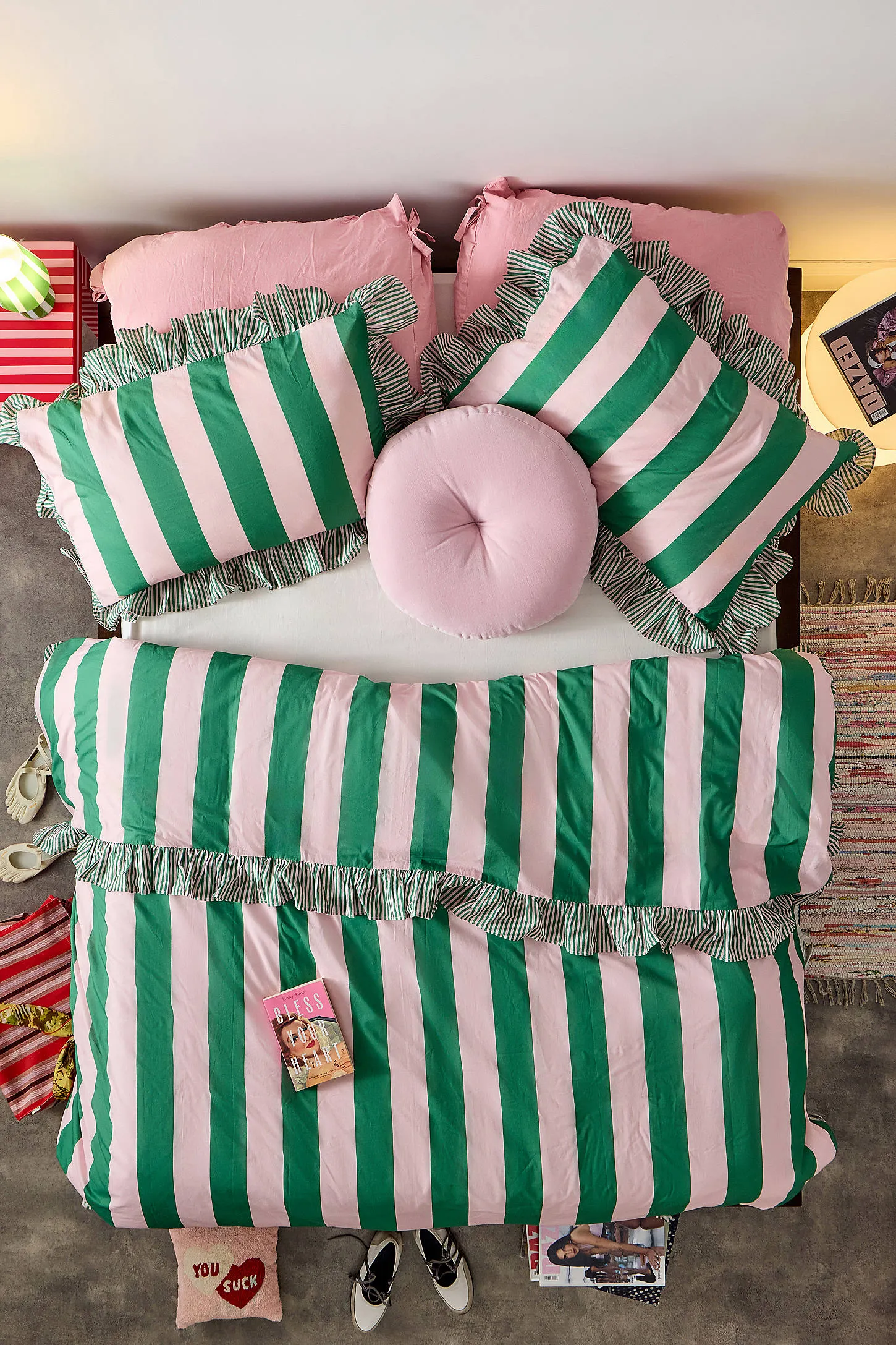 Pink & Green Stripe Ruffle Duvet Set 3
