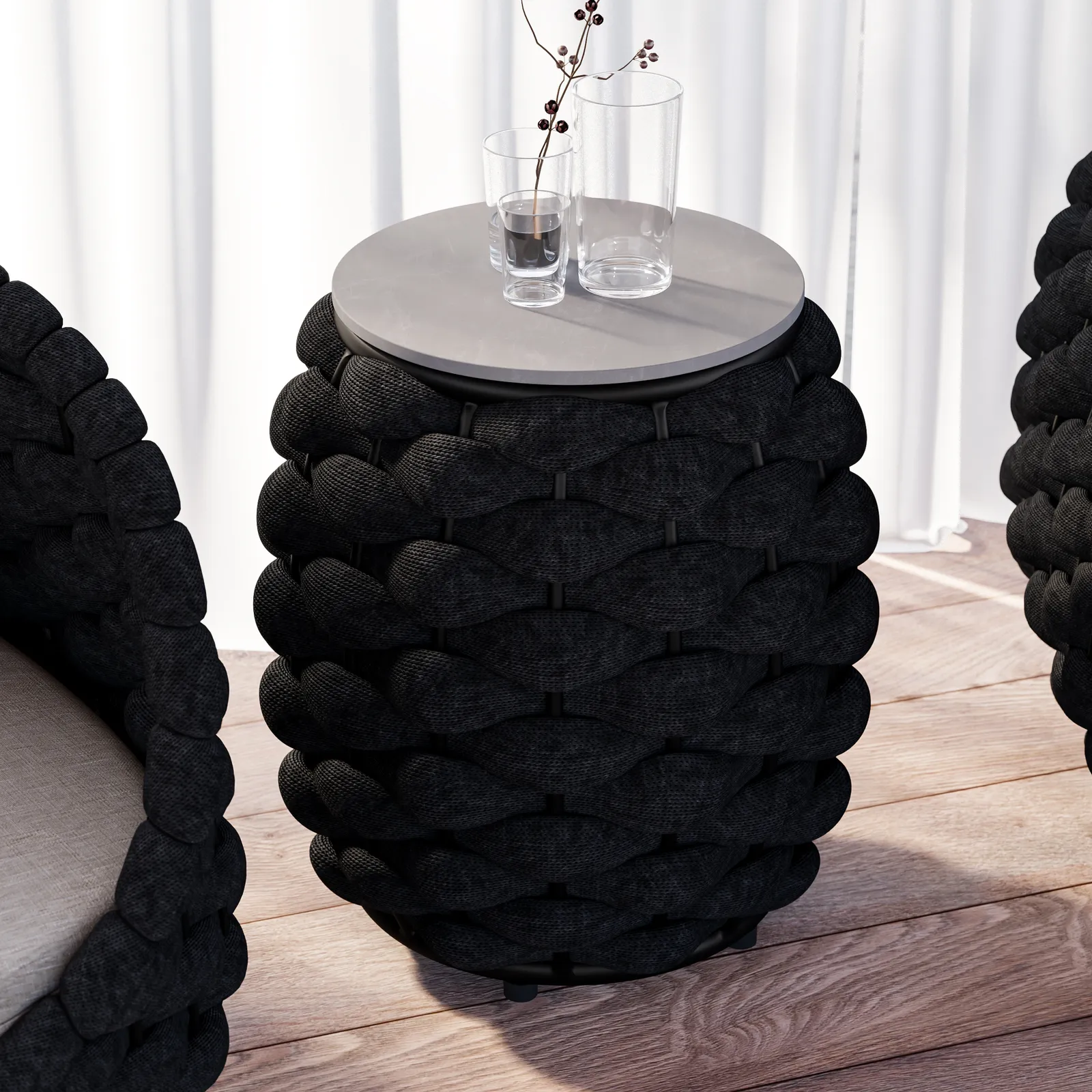 Cocaro Outdoor Rope-Woven Side Table with Storage & Slate Top in Dark Grey