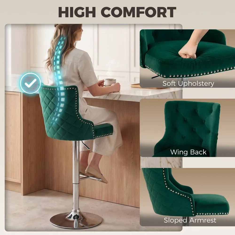 HOMCOM Bar Stools Set of 2, Swivel Velvet Barstools with Footrest, Green in Dark Green 6
