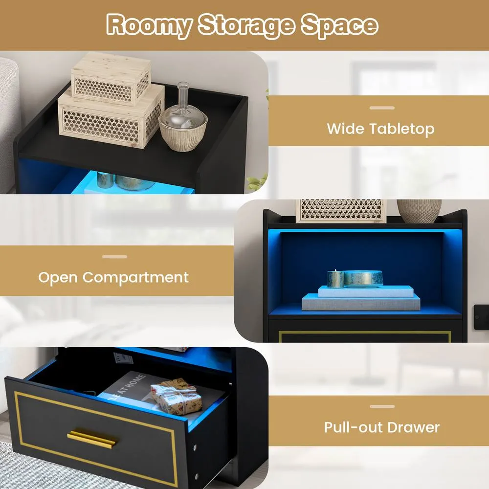 Costway LED Nightstand Smart Bedside Table Cabinet Side End Table Storage Living Room in Black 5