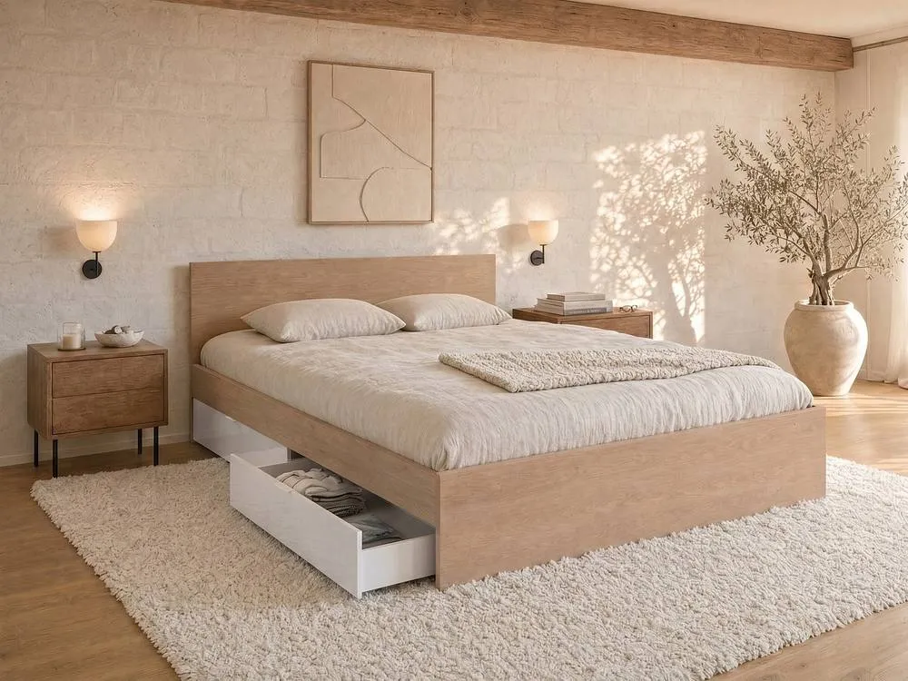 Vente-unique Bed With 2 Drawers 160 X 200 Cm - Colours: Natural & Shiny White in Light Oak 2