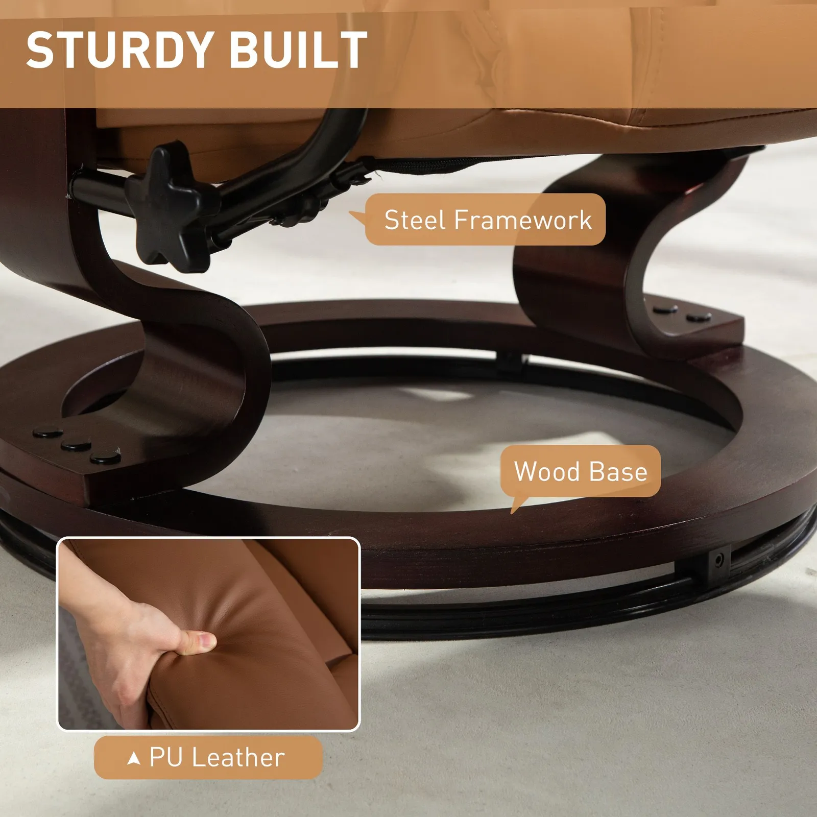 HOMCOM PU Leather Manual Reclining Armchair Footstool Padded Seat Brown 5