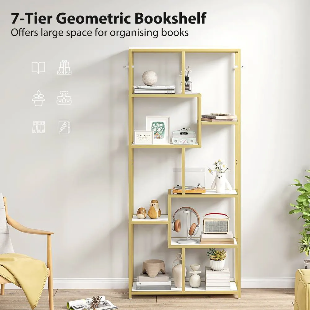 HOMCOM Modern Bookcase 7-Tier Bookshelf Shelving Unit White Gold Tone 4