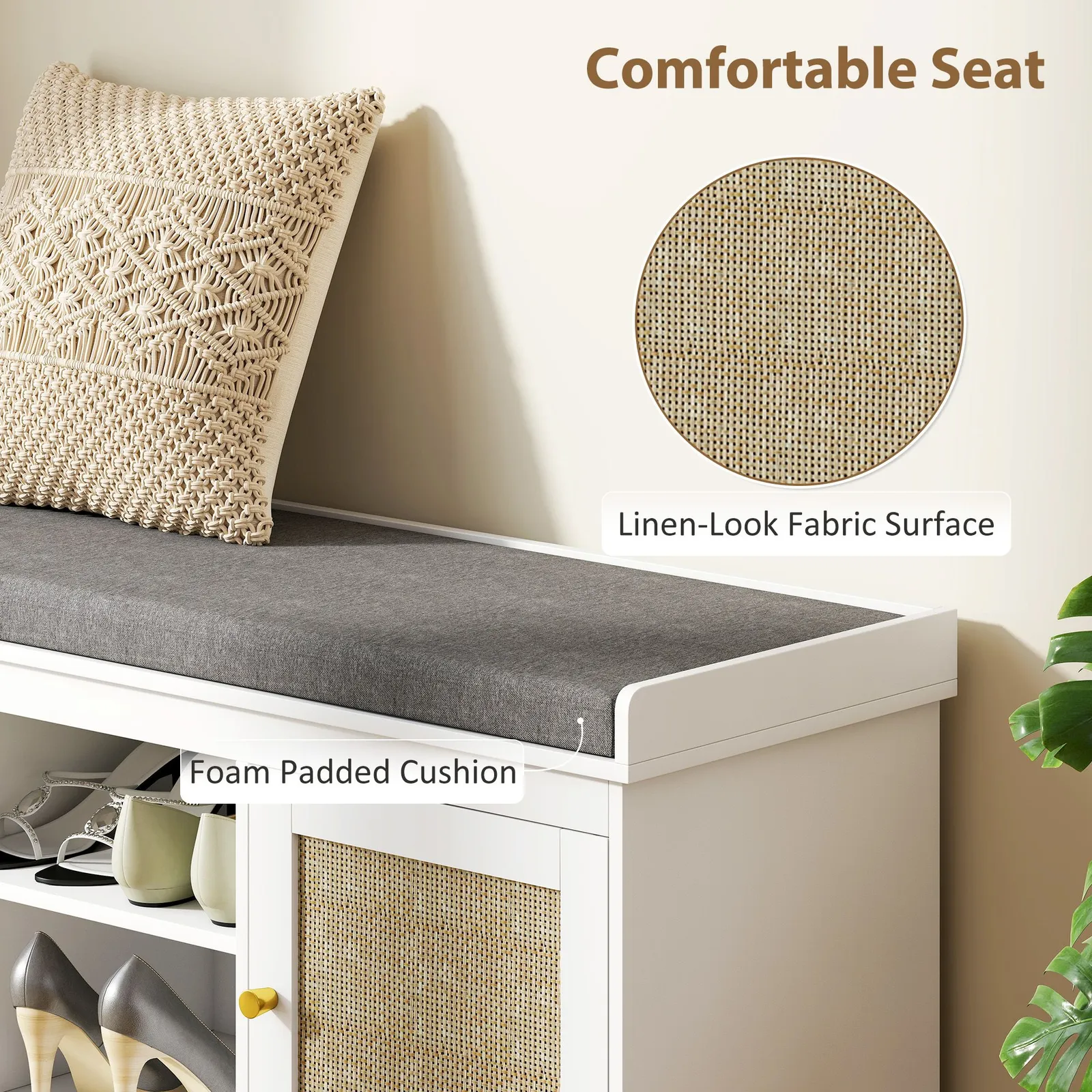 HOMCOM Shoe Bench, Boho Shoe Storage Bench with Padded Cushion, White 5