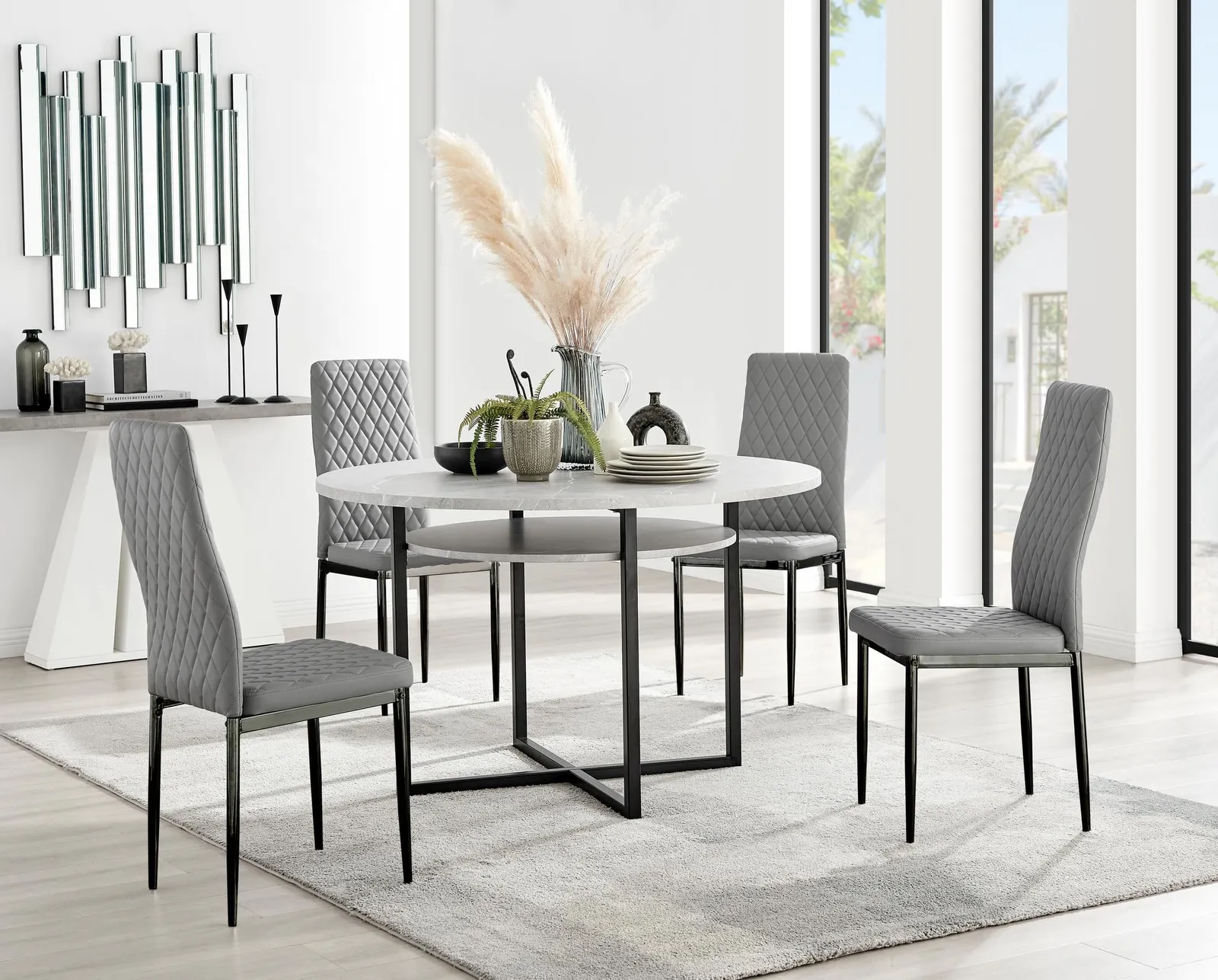 FurnitureboxUK Adley Grey Concrete Effect & Black Round Dining Table with Shelf & 4 Faux Leather Milan Dining Chairs 1