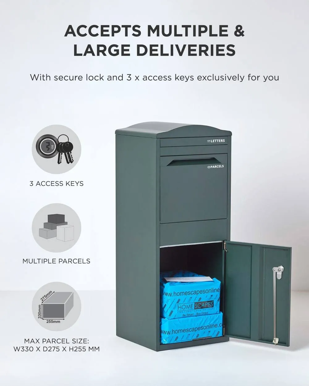 Homescapes Smart Parcel Box® Large Curved Top Front Access Secure Delivery Box in Green 5