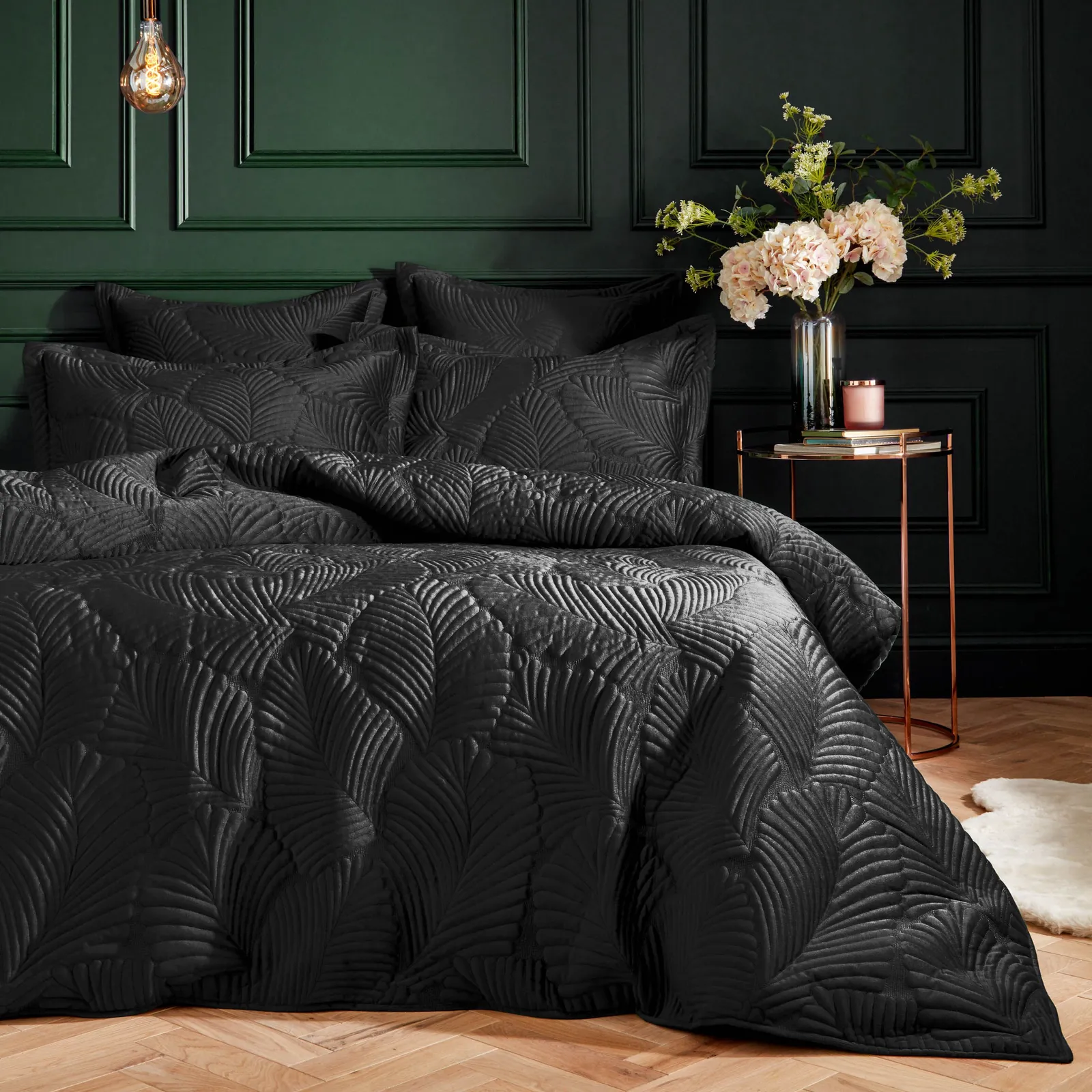 Paoletti Palmeria Quilted Velvet Duvet Cover Set in Black 1