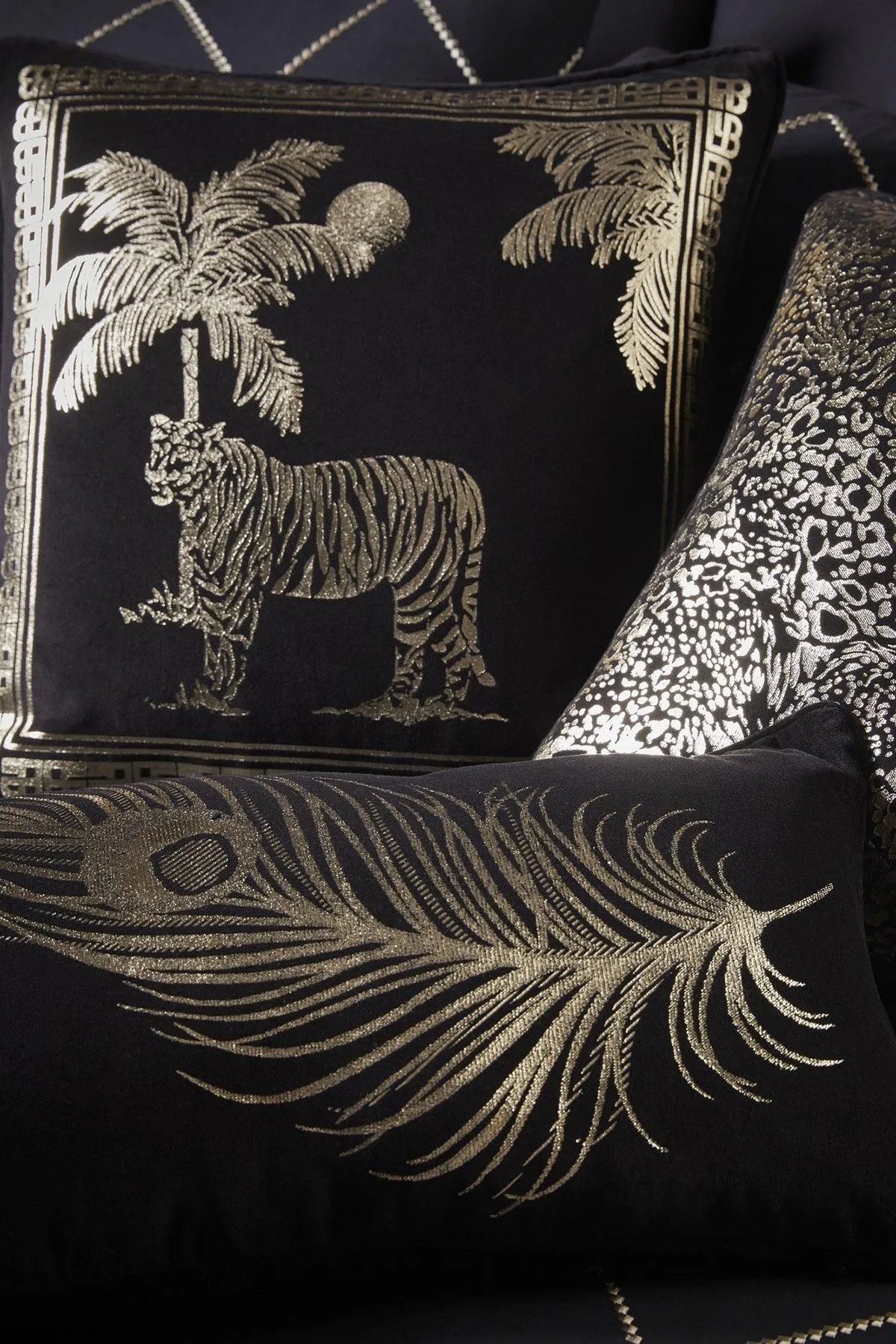 Laurence Llewelyn-Bowen 'Tiger Tiger' Opulent Foil Printed Luxury Velvet Filled Cushion in Black 2