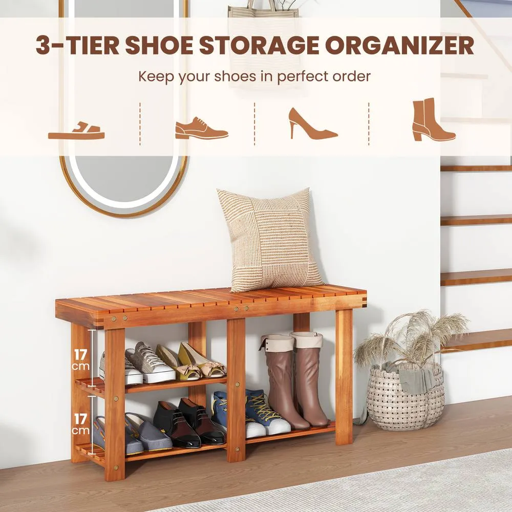 Costway Acacia Wood Shoe Rack Bench 3-Tier Shoe Organizer 87x28x45cm in Brown 5