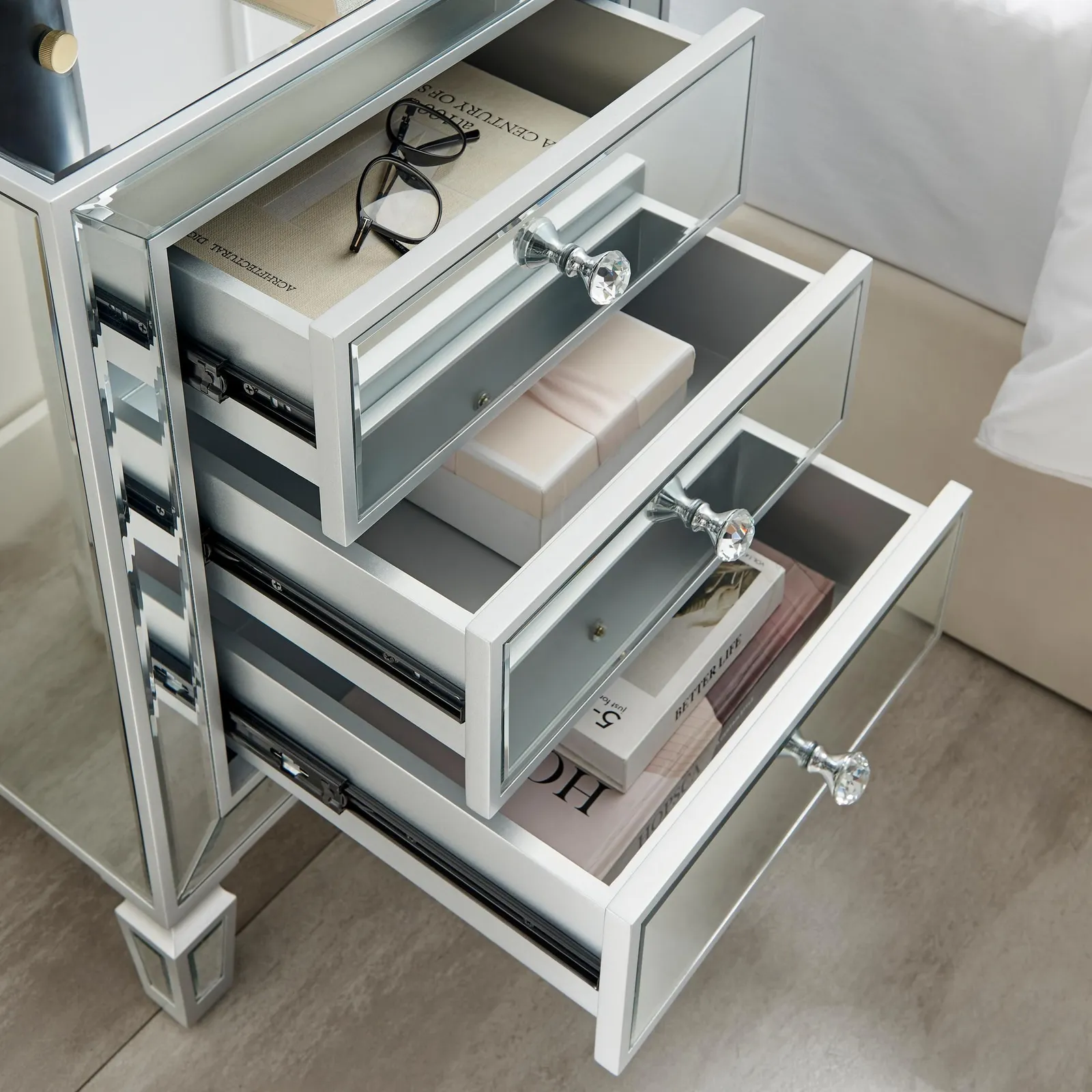 FurnitureboxUK Venice Contemporary 3 Drawer Silver Framed Mirrored Bedside TableWith Crystaline Shaped Handles 4