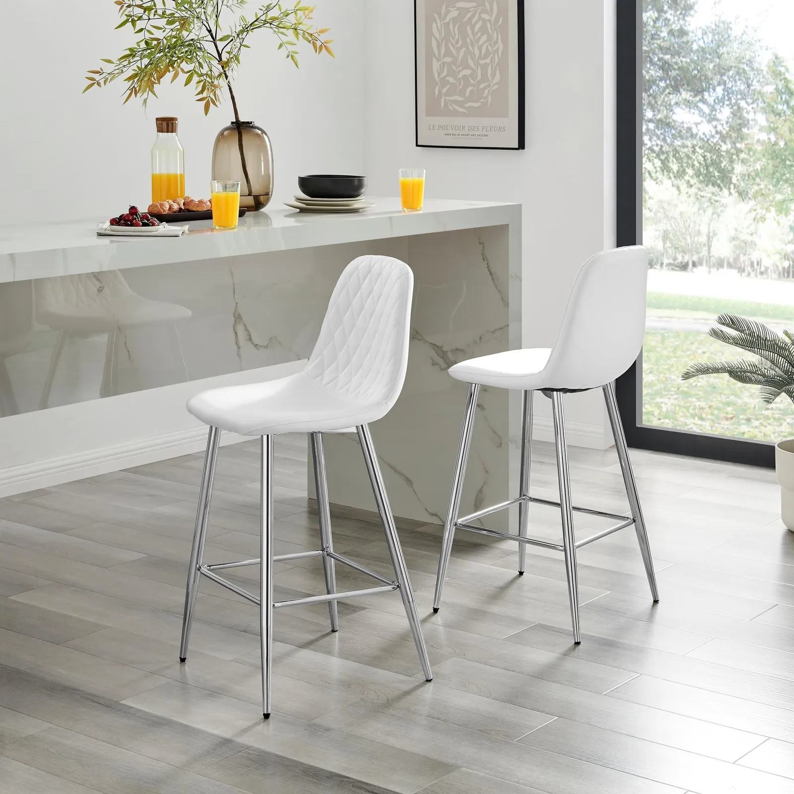 FurnitureboxUK Corona Set of 2 Counter Stools - Faux Leather Counter Stools With Silver Legs - Kitchen Island Stool in White