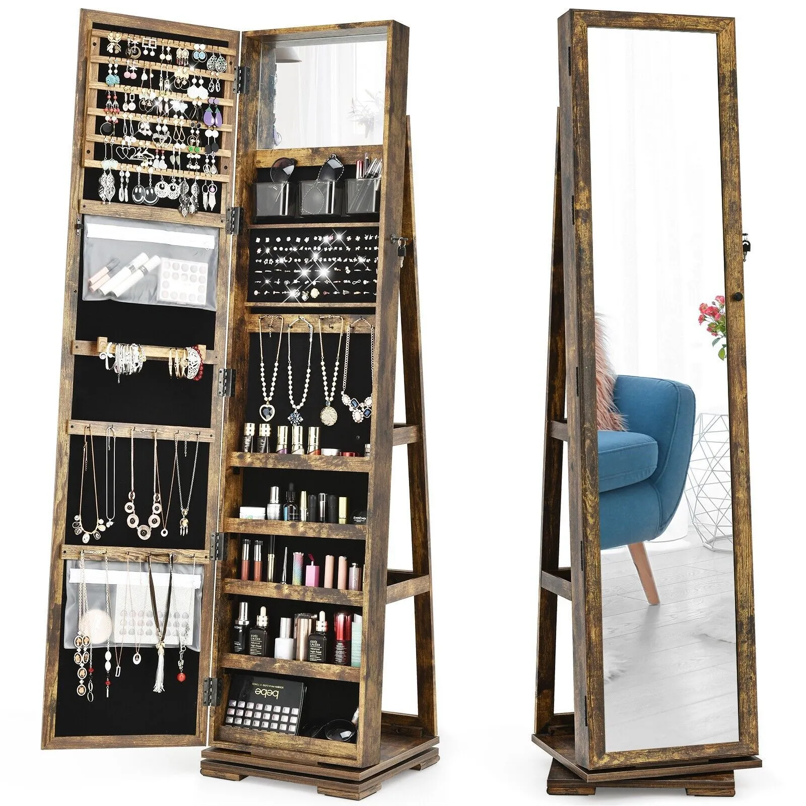 Costway 3-in-1 Rotating Mirrored Jewelry Armoire Freestanding Lockable Large Capacity Jewelry Organizer w/ Makeup Mirror in Brown
