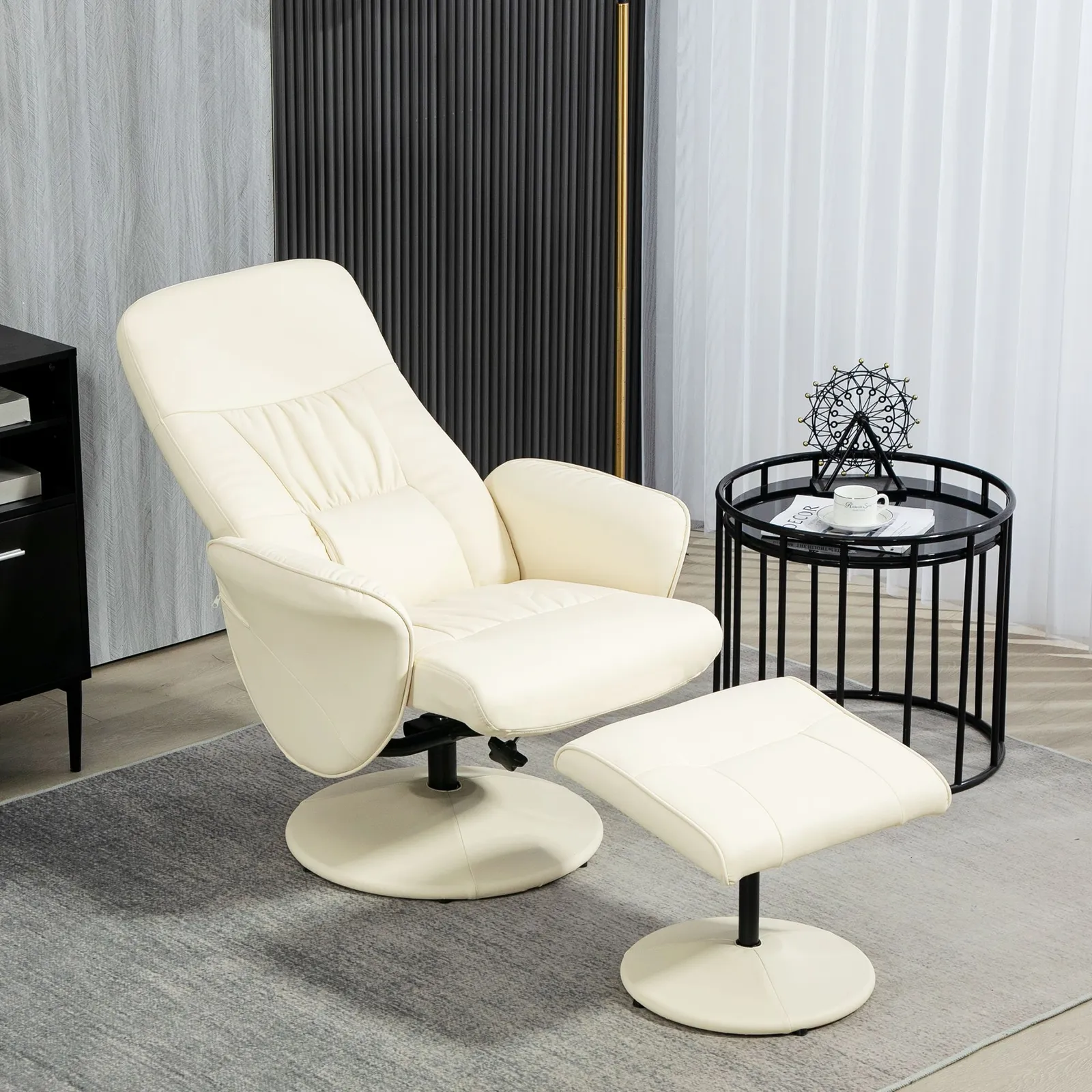 HOMCOM PU Leather Armchair & Footrest Swivel Recliner w/ Ottoman Cream White