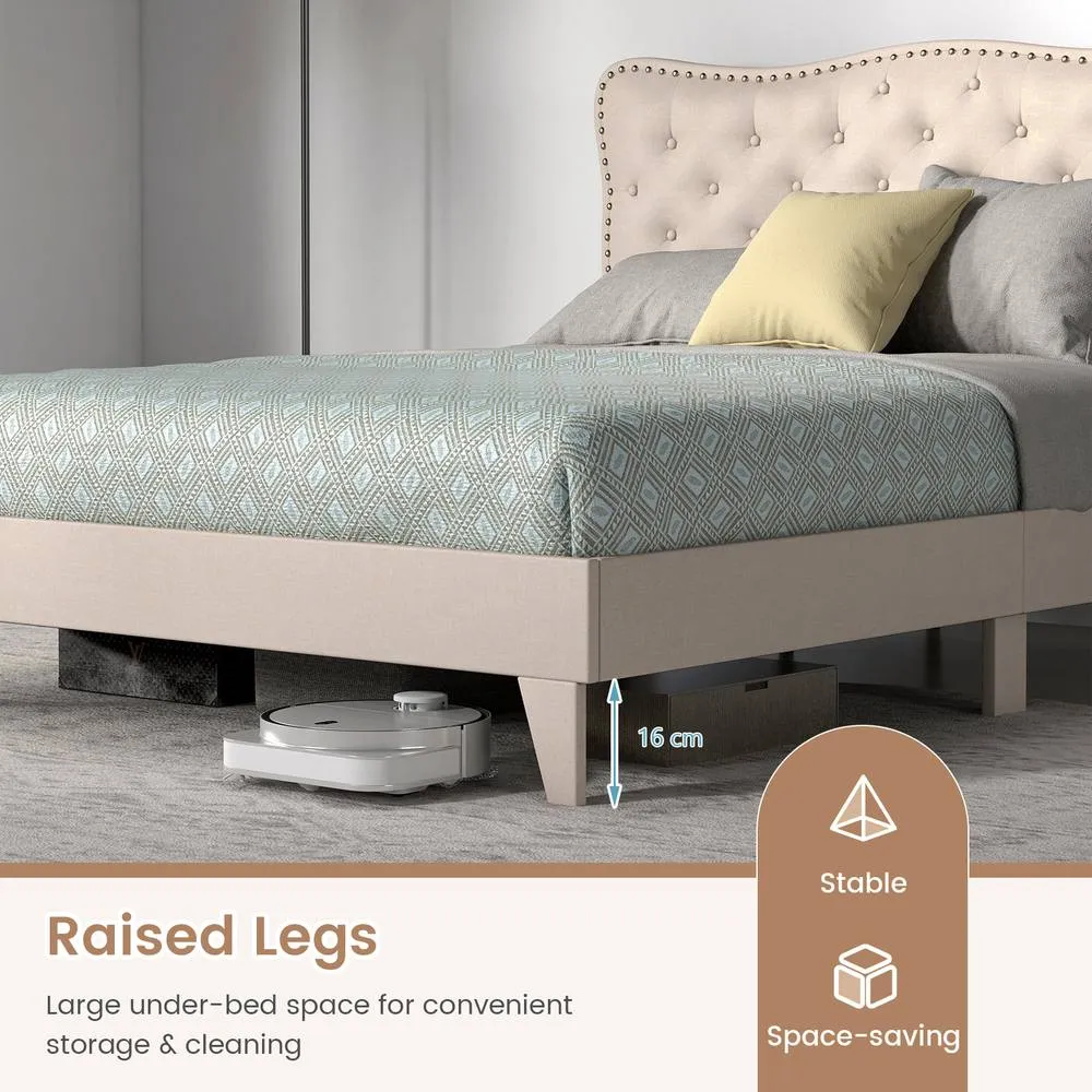 Costway King Size Bed Frame Wooden Slat Bed Platform Upholstered in Beige 6