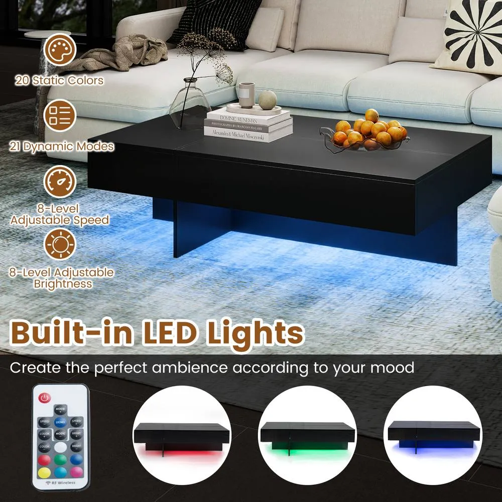 Costway Modern LED Coffee Table High-Gloss Accent Table with 3 Storage Drawers in Black 4