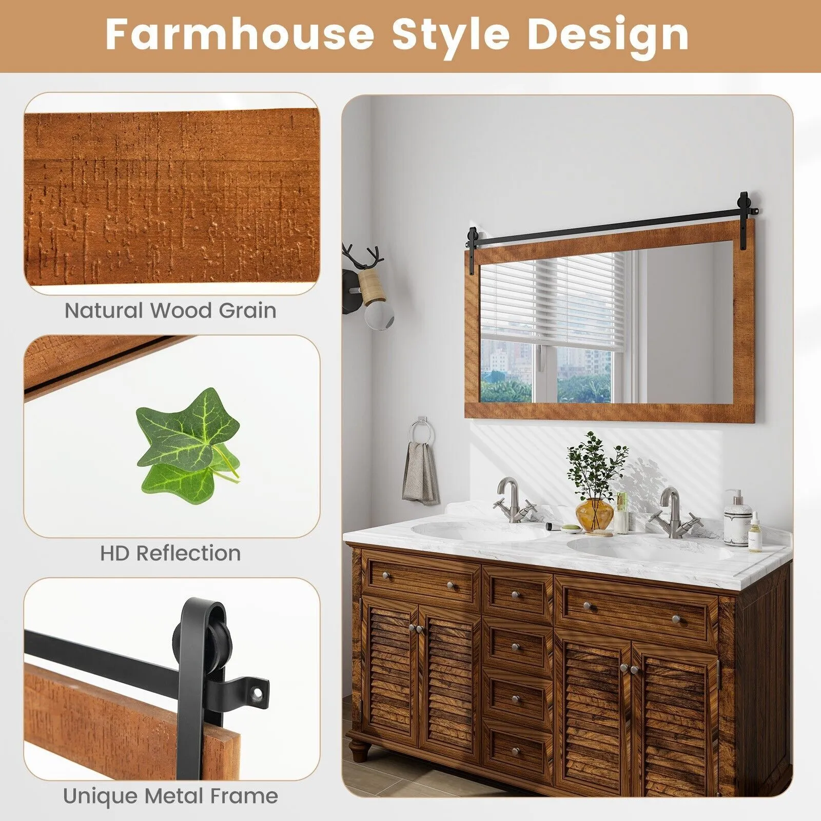 Costway Farmhouse Bathroom Wall Mounted Mirror Explosion-proof Wall Mirror E/ Wood Frame in Brown 6