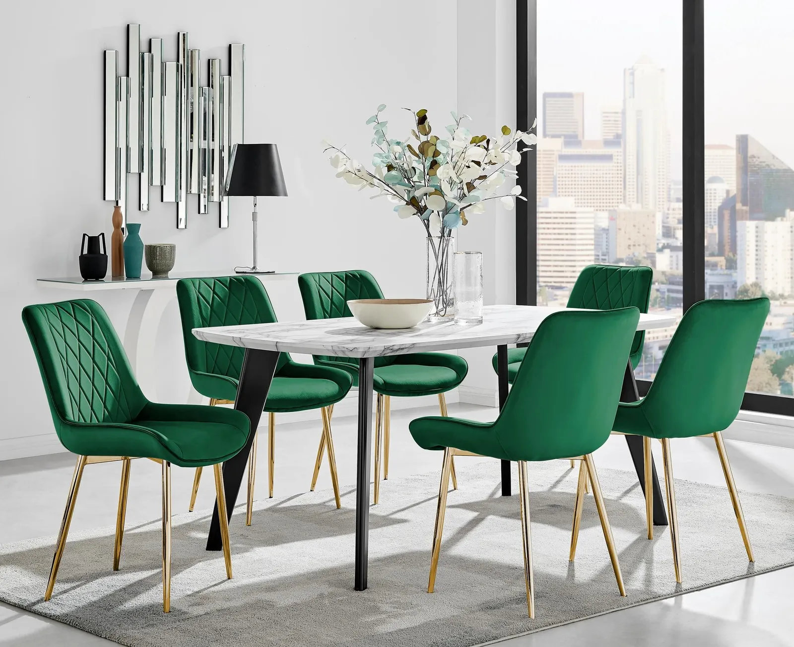 FurnitureboxUK Andria Marble Effect Dining Table With Black Legs & 6 Pesaro Velvet Gold Leg Chairs in Green 1
