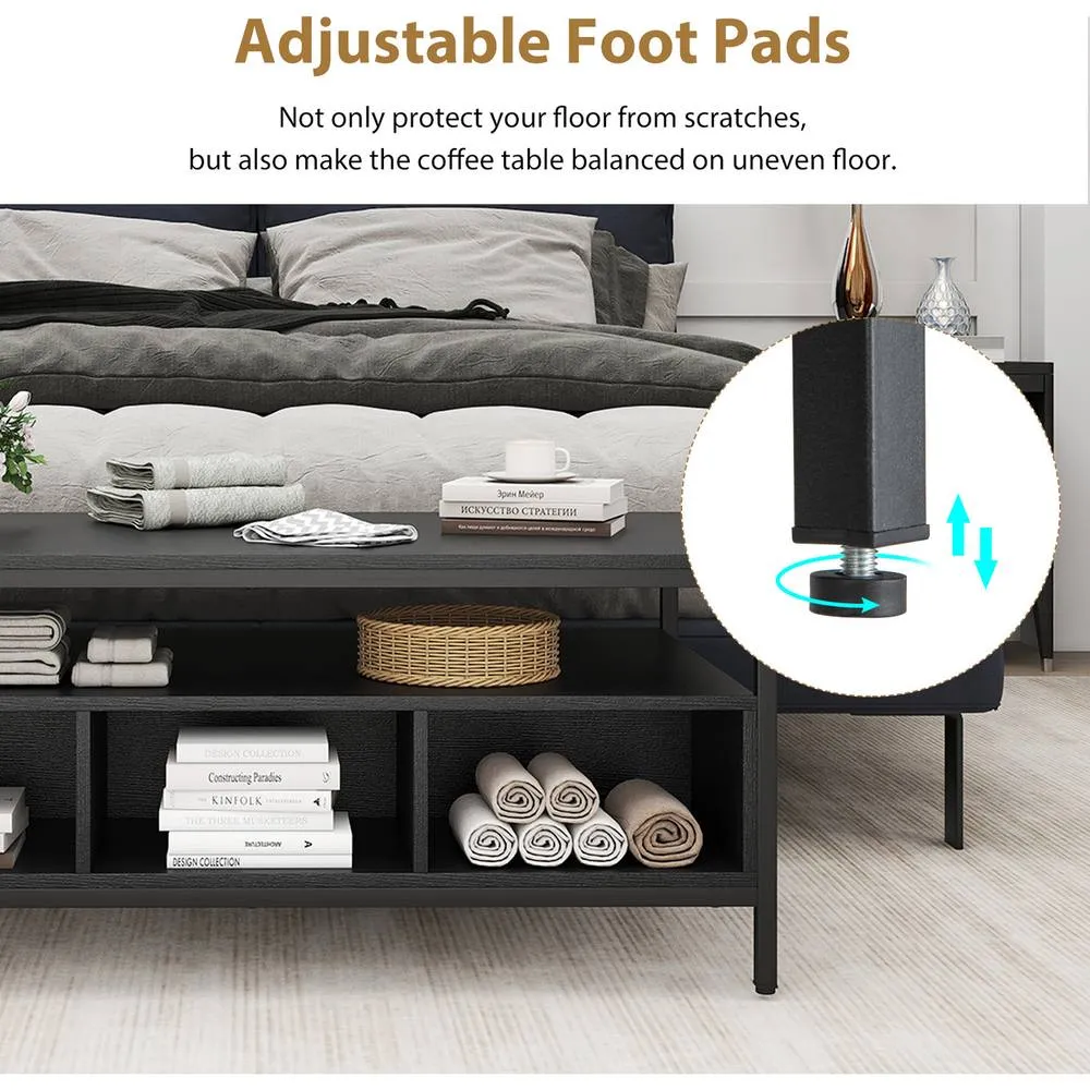 Costway Industrial 3-Tier Coffee Table Rectangular Center Table w/Shelf-Black in Black