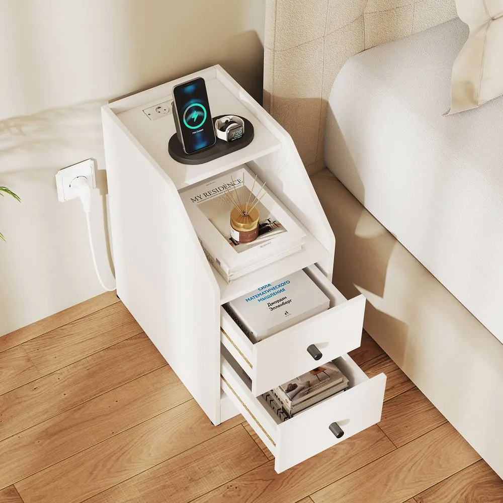 Costway Side End Table with Charging Station in White 3