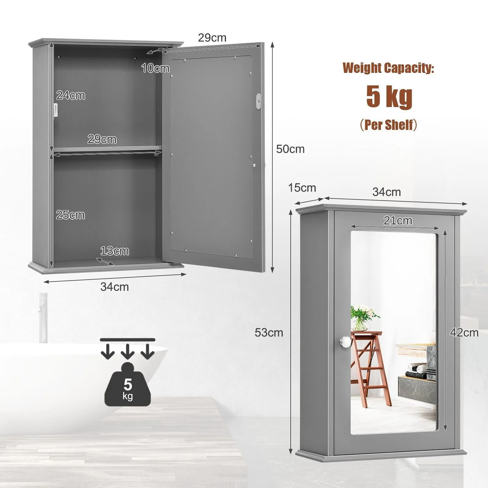 Costway Bathroom Mirror Cabinet Wall Mounted Storage Cupboard Mirrored Medicine Cabinet in Grey 2