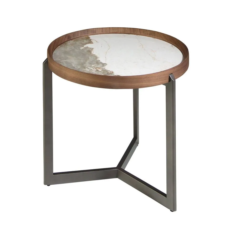 Angel Cerda Round Coffee Table with Porcelain Marble Top, Walnut in Brown