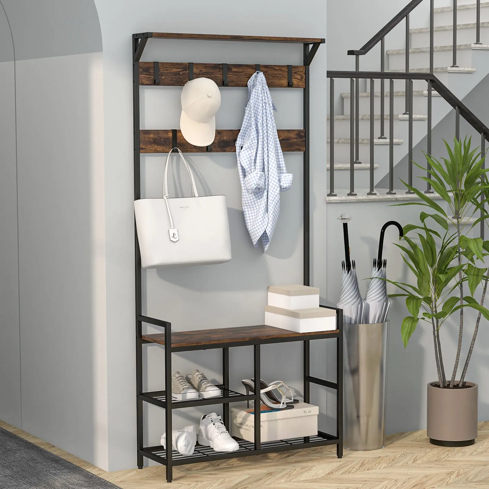 Costway 3-in-1 Coat Rack Hall Tree with Shoe Bench & Shoe Storage in Brown 4