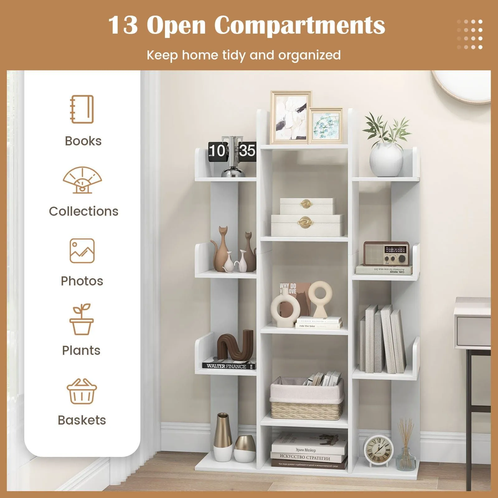 Costway Tree Bookshelf Display Cube Shelf Corner Books Storage Organizer in White 6
