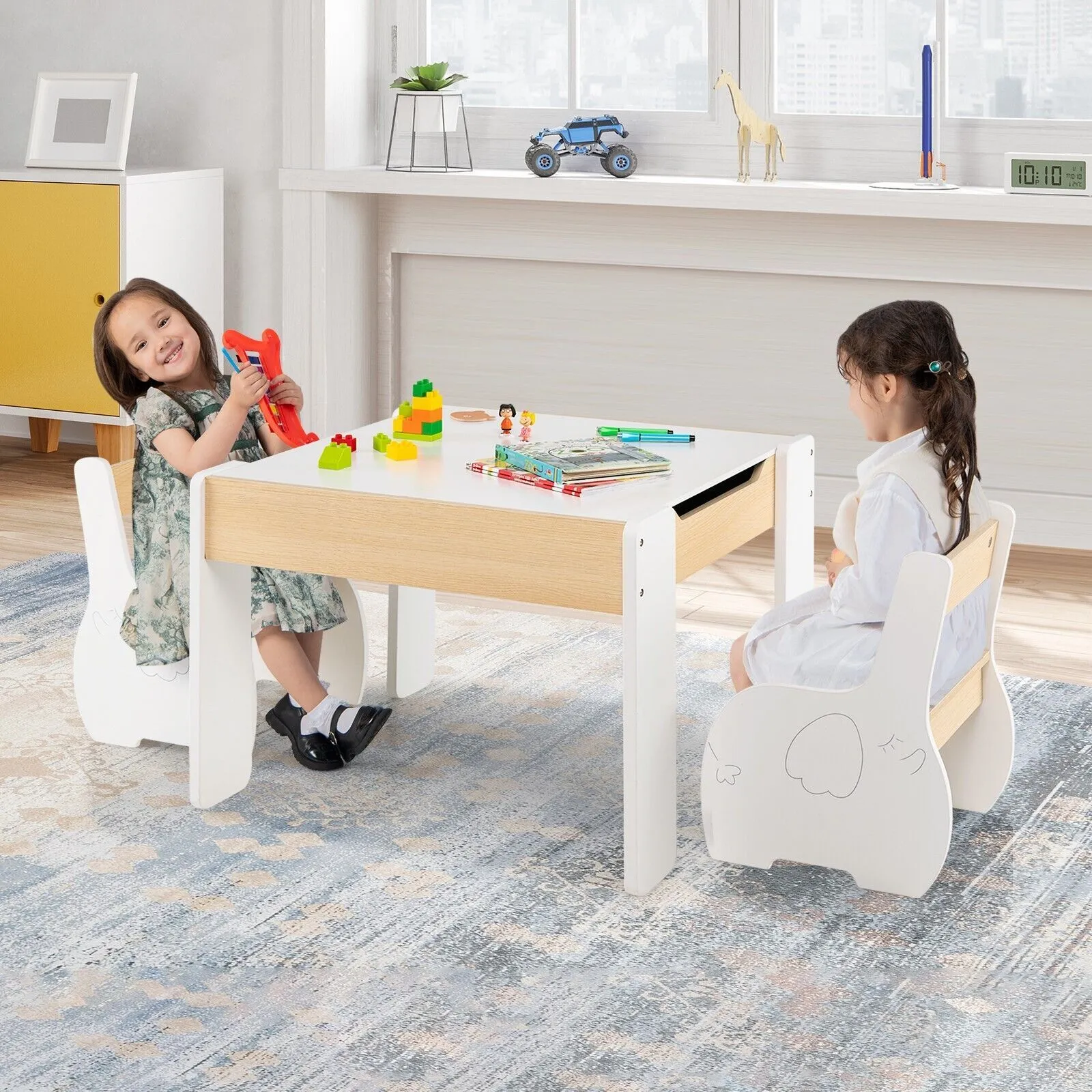 Costway Table & Chair Set Activity Desk 2 Chairs with Reversible Blackborad in White 4