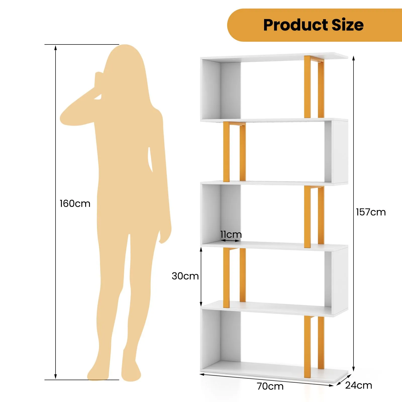 Costway 5-Tier Geometric Bookcase 157CM S-Shaped Bookshelf in White 2