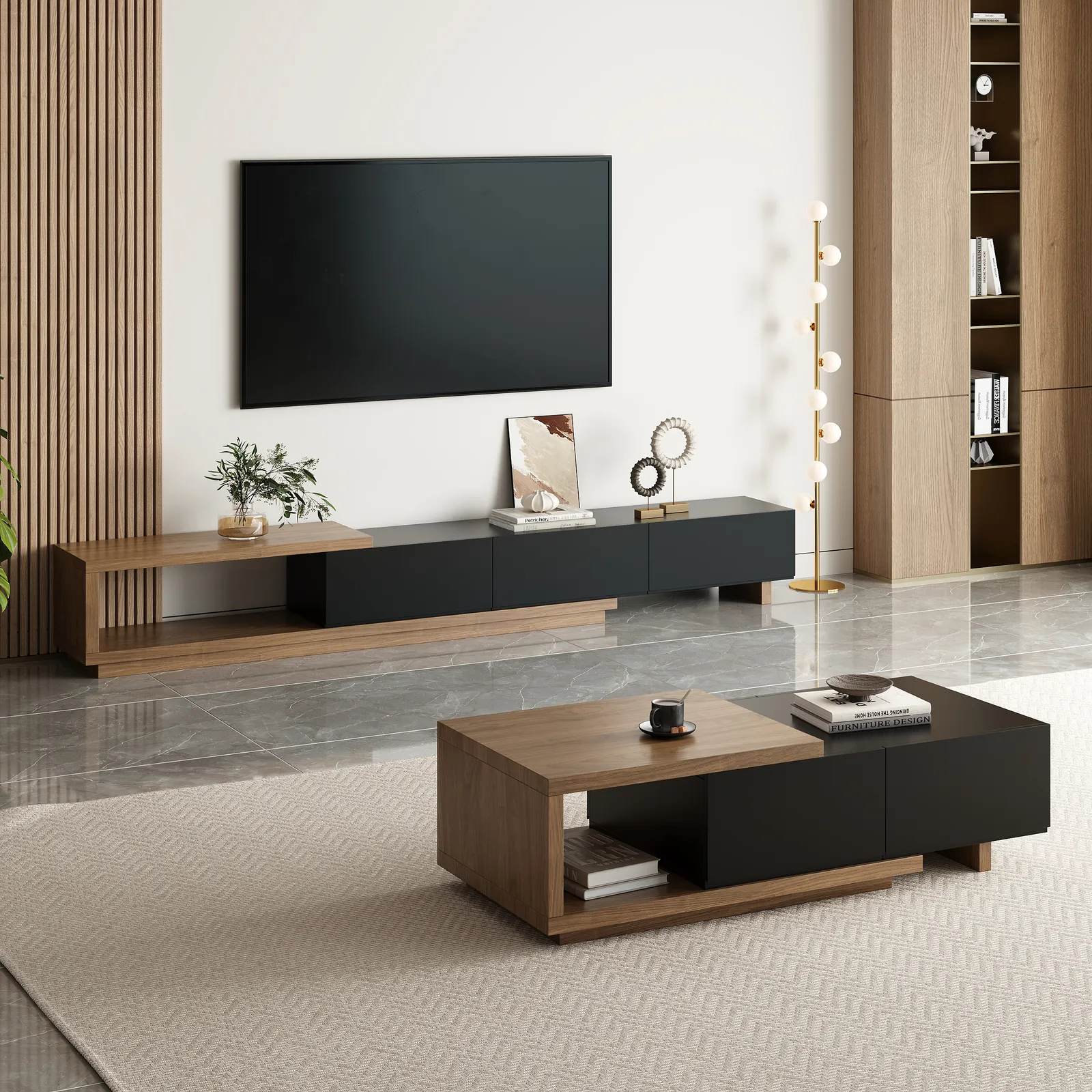 Living Room Cabinet Set Extendable TV Stand & Retracted Coffee Table Set