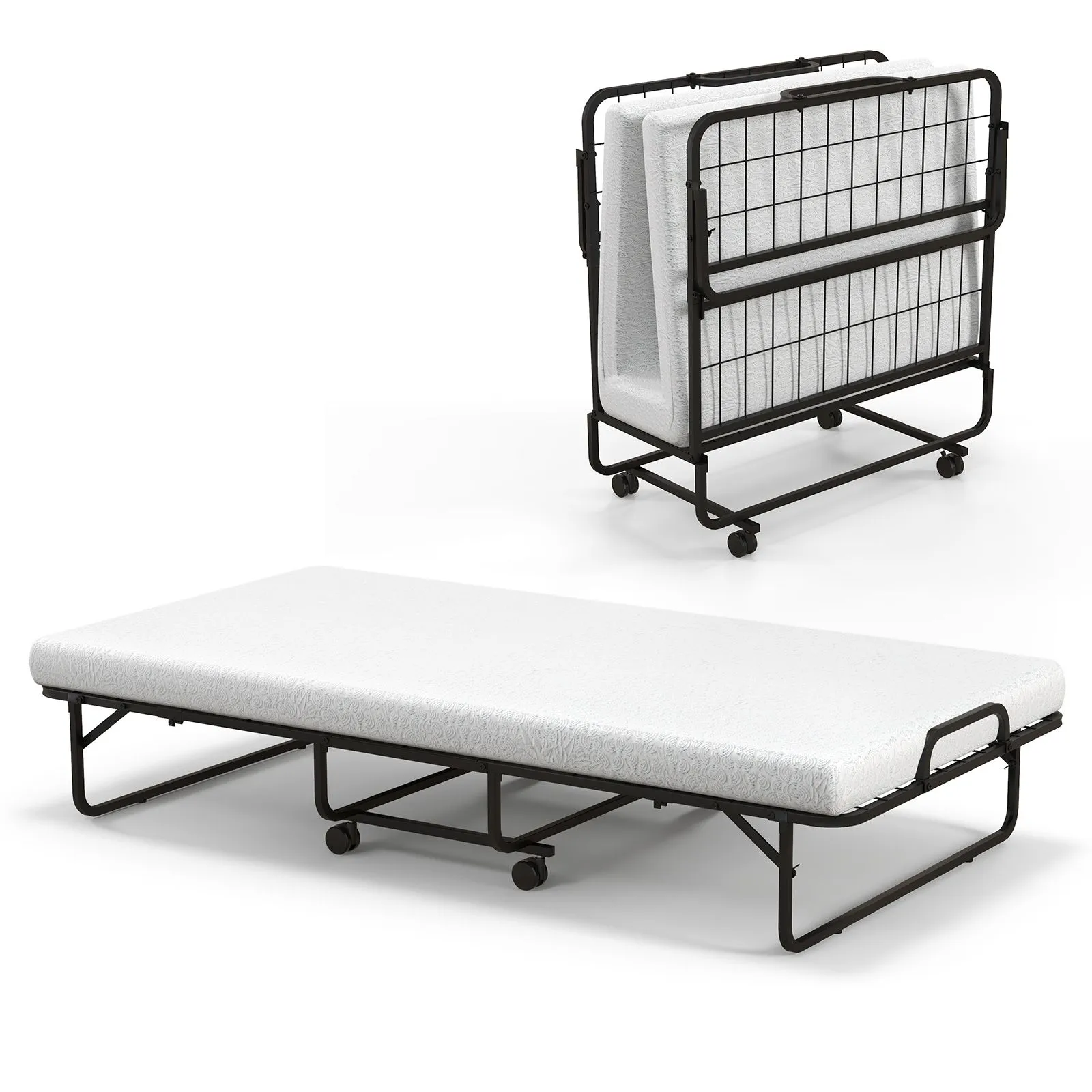 Costway Folding Bed Rollaway Guest Bed Fold up Sleeper Bed W/ 10cm Memory Foam Mattress & 4 Universal Wheels in White